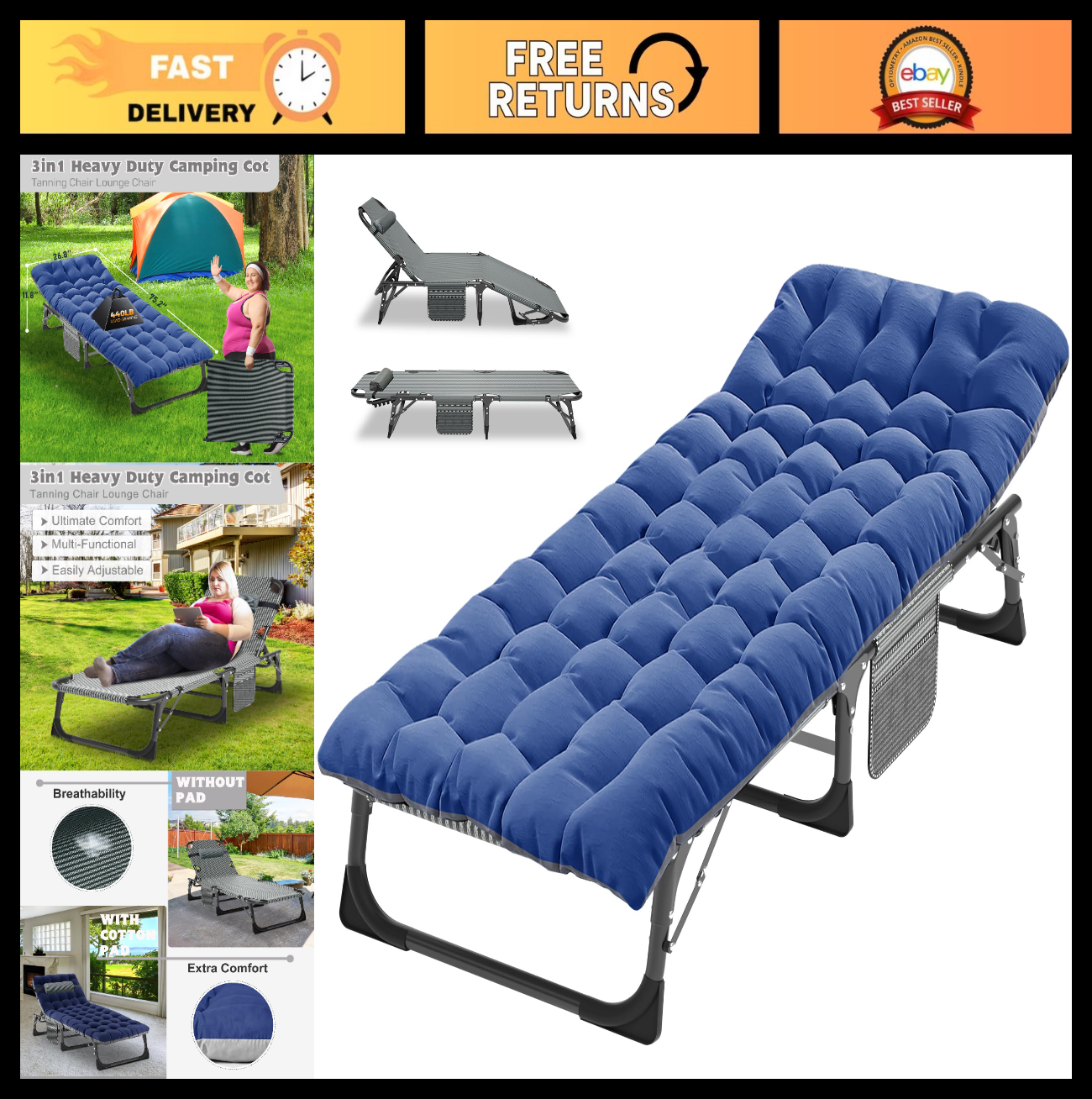 Extra Wide Heavy Duty Camping Cot for Adults, Portable Folding Camp Bed with Mat0
