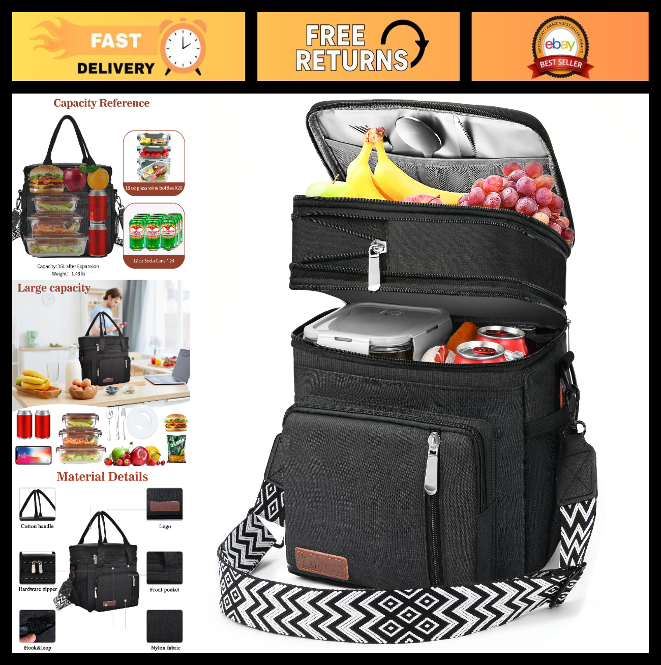 Optimized eBay Title:  "Large Insulated Lunch Bag & Box - Double Deck, Leakproo0
