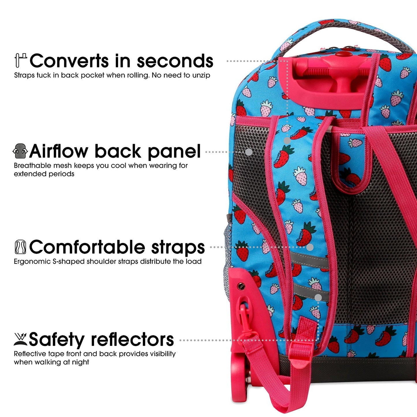 Kids Rolling Backpack with Wheels, 18" Bookbag for School, Strawberry Design, Un4