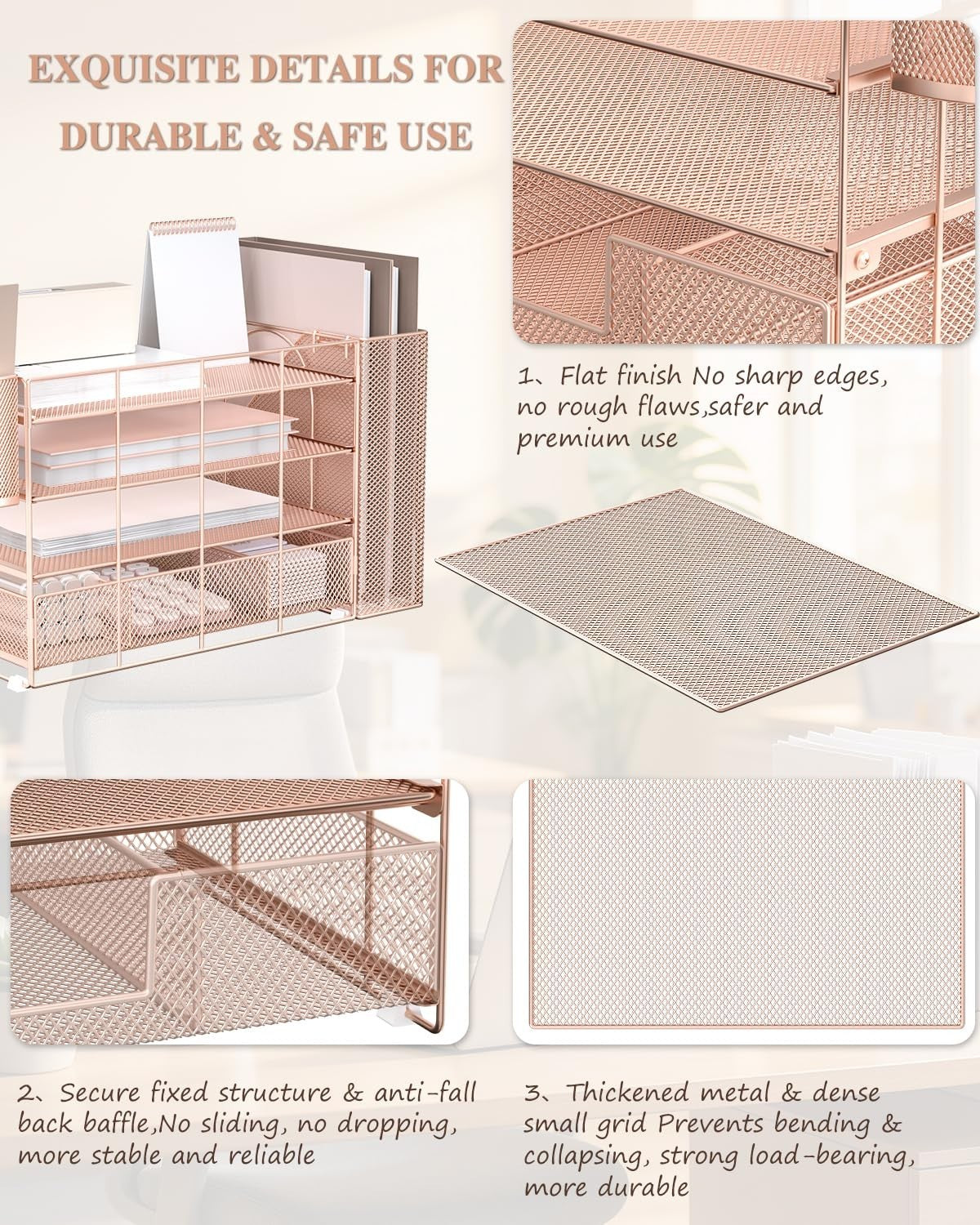 4 Tier Desktop File Organizer with Drawer & 2 Pen Holders   Rose Gold Office Sup6