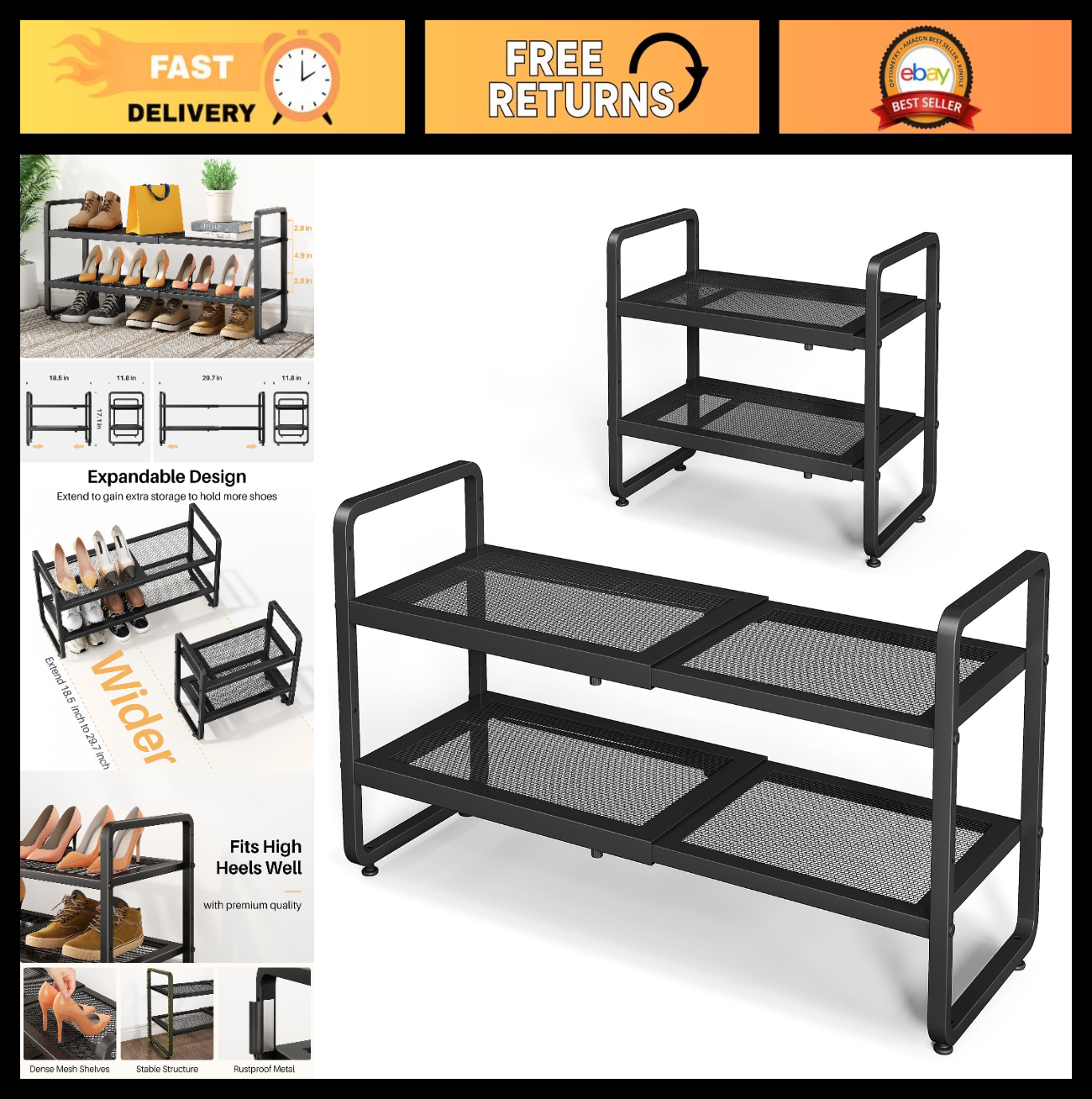 Expandable 2 Tier Metal Shoe Rack   Adjustable Height, Stackable, Fits Small Spa0