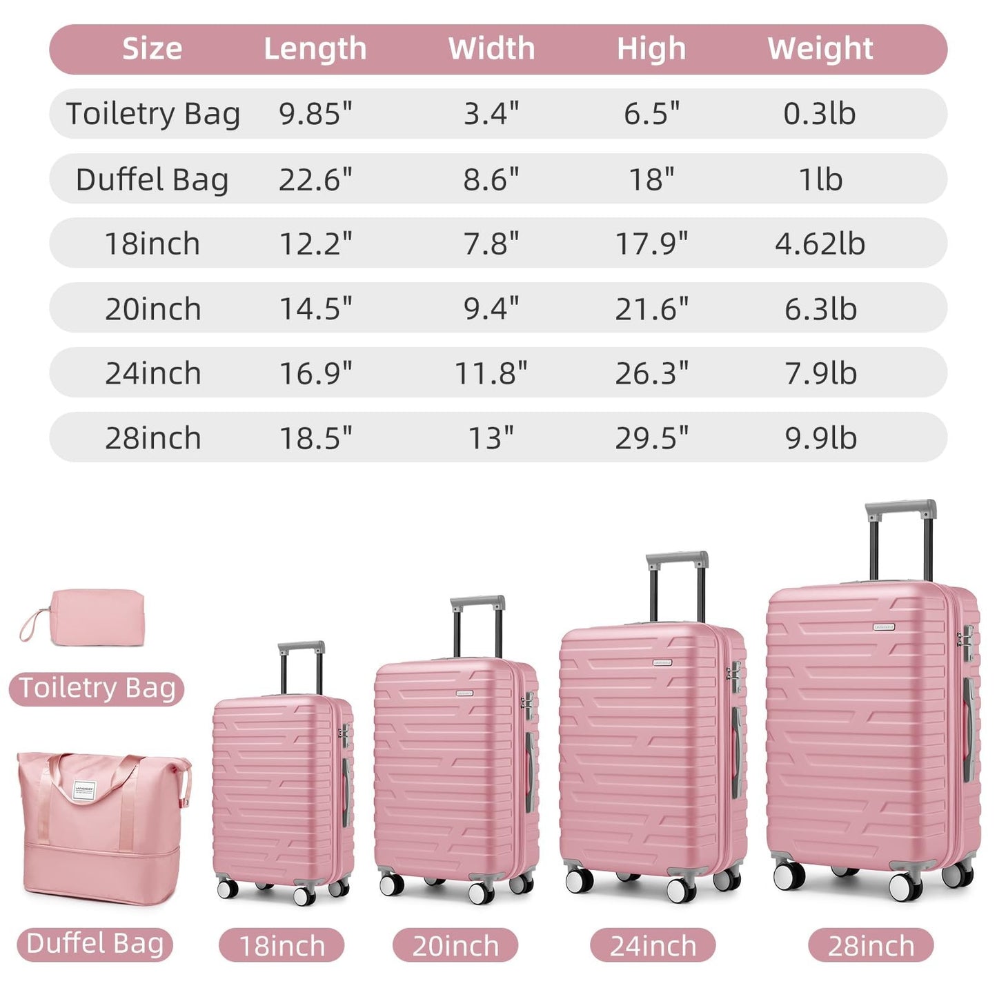 Expandable 6-Piece Luggage Set with Wheels, Pink Hardshell Suitcases, TSA Lock,6