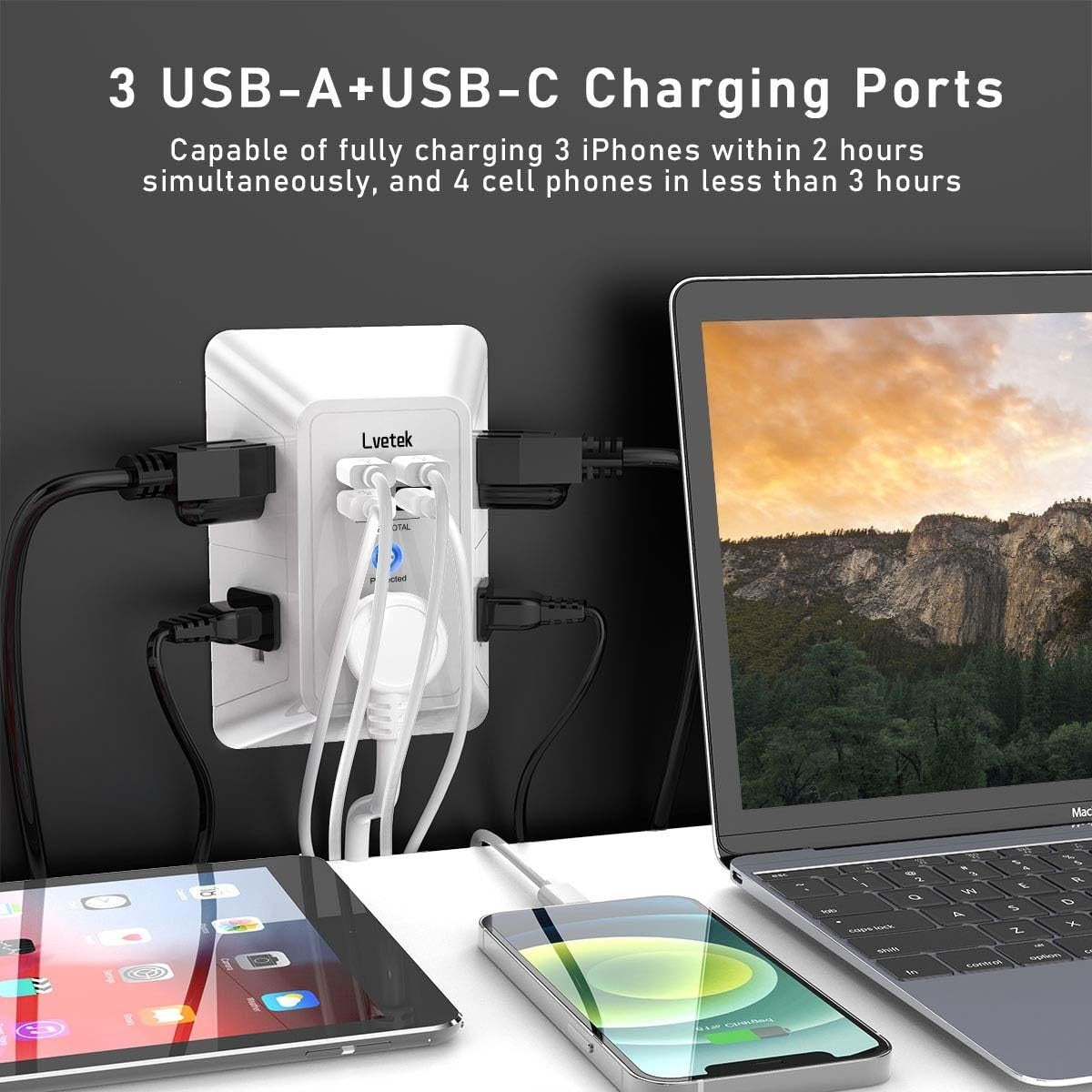 5-Outlet Wall Extender with 4 USB Ports & Surge Protection - Power Strip for Hom2
