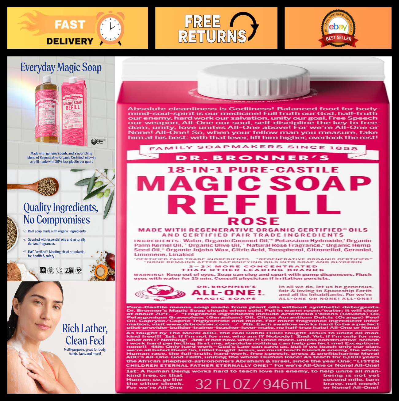 Pure Castile Liquid Soap Refill - Rose Scent, 32 oz - Organic, Vegan, Multi-Use0