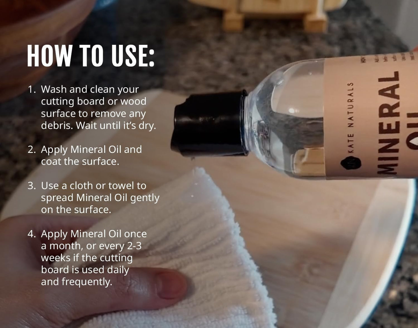 Food Grade Mineral Oil 12oz with Wax Applicator for Cutting Boards & Butcher Blo3