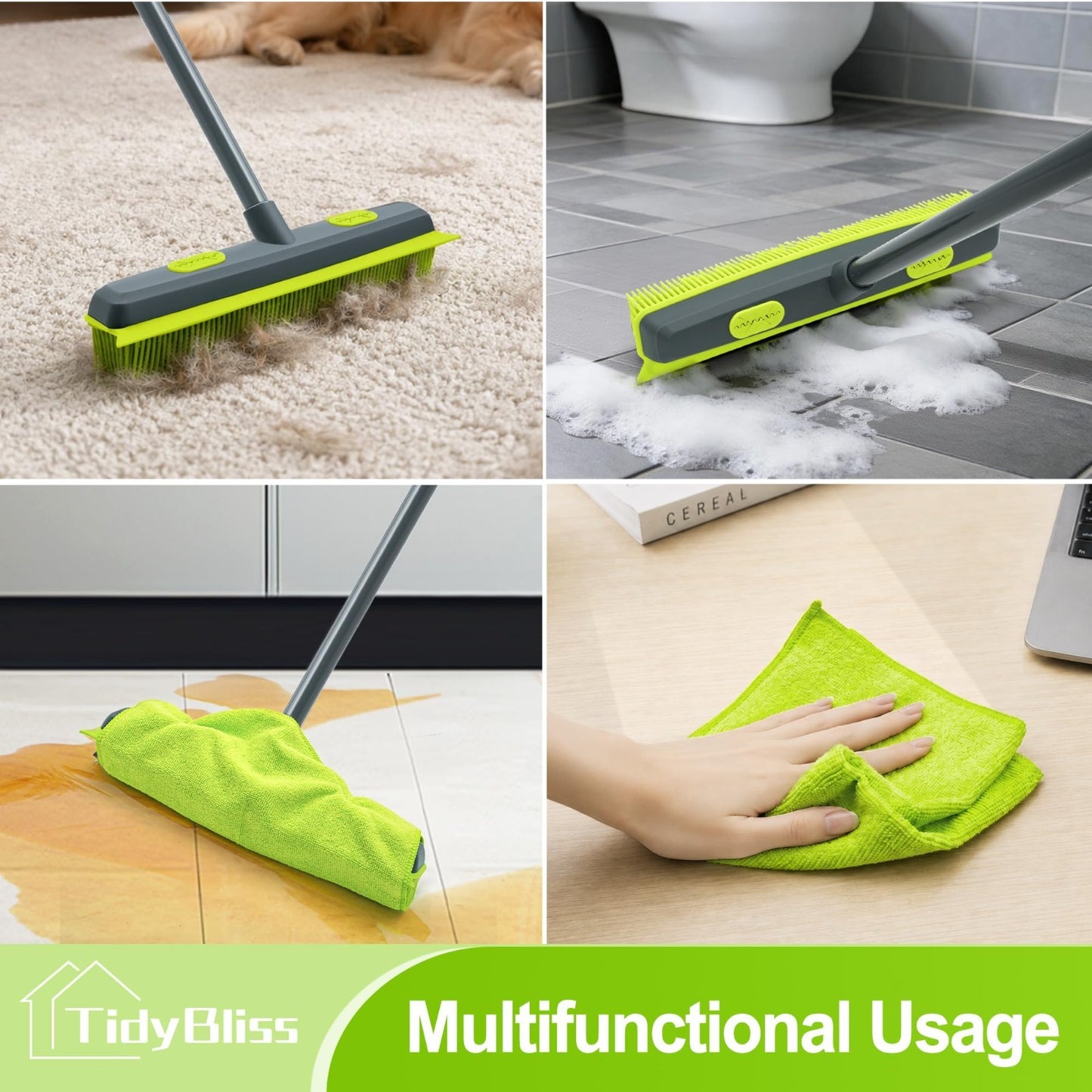 Pet Hair Removal Broom with Squeegee, 55" Rubber Brush & Microfiber Cloth for Ca5