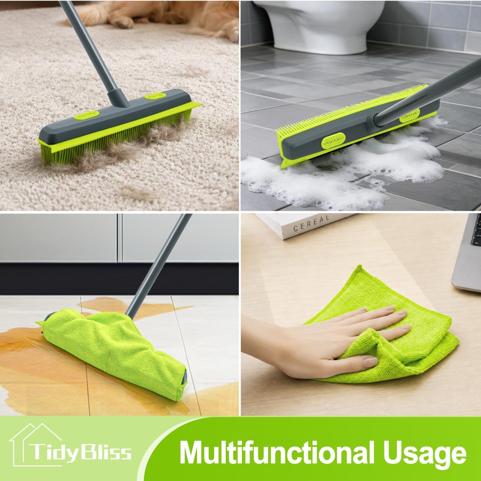 Pet Hair Removal Broom with Squeegee, 55" Rubber Brush & Microfiber Cloth for Ca5