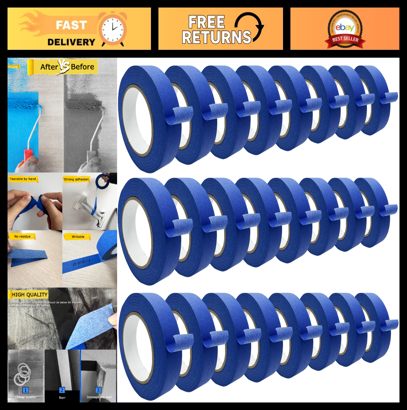 Multi Surface Blue Masking Tape   24 Rolls, Easy Removal Painters Tape, 1442.4yd0
