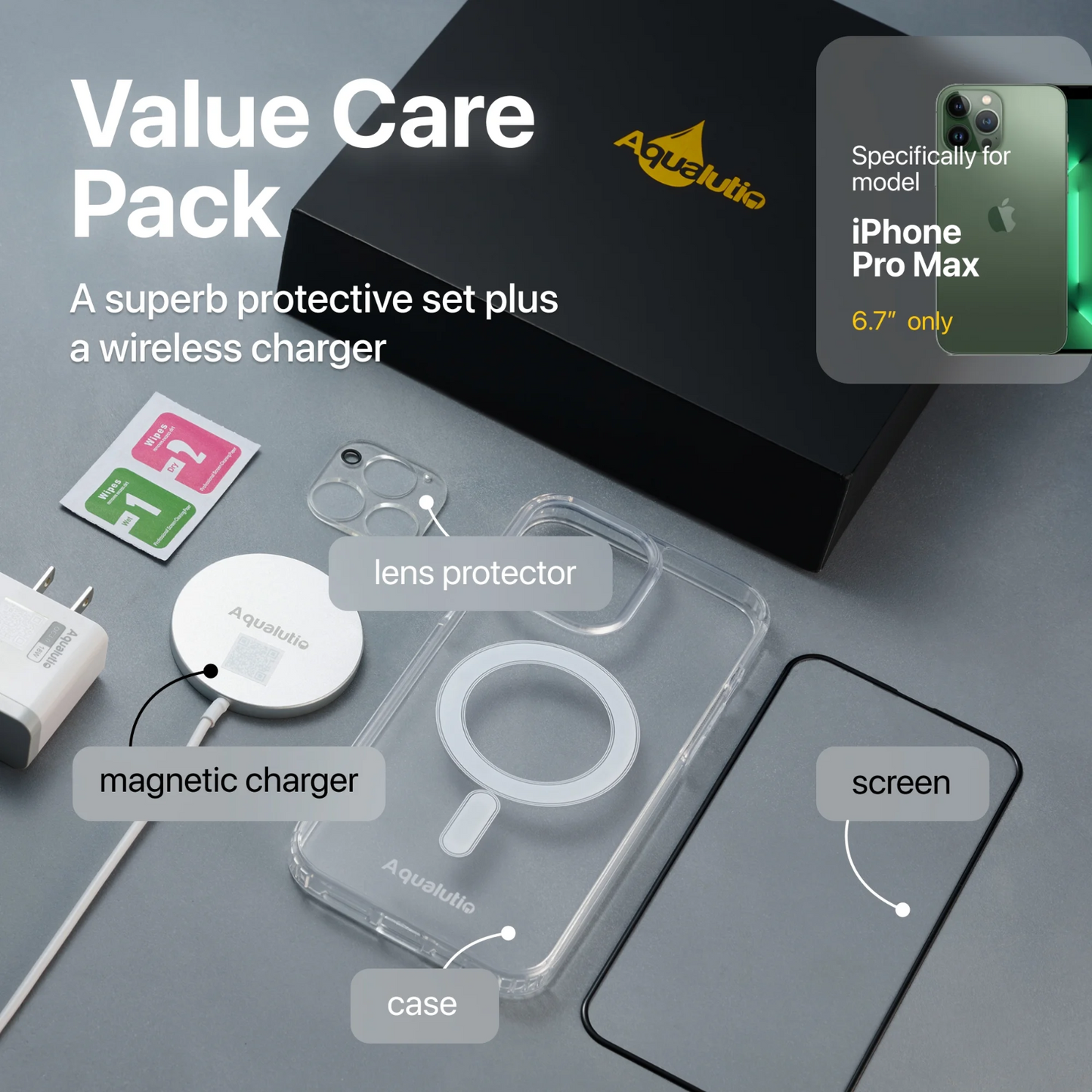 Luxury iPhone Accessories Kit: Wireless Charger, Screen & Camera Protectors, Cle1