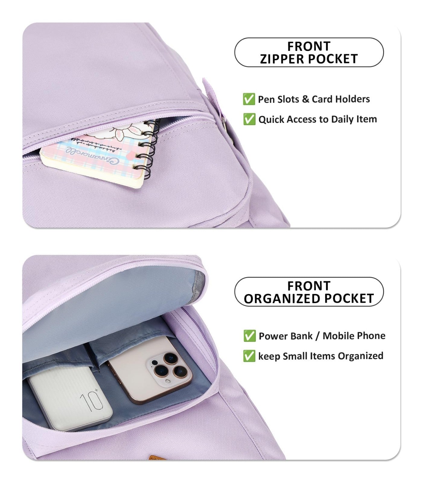 Solid Color Backpack for Girls & Women   Water Resistant School Bag, Lavender Pu3
