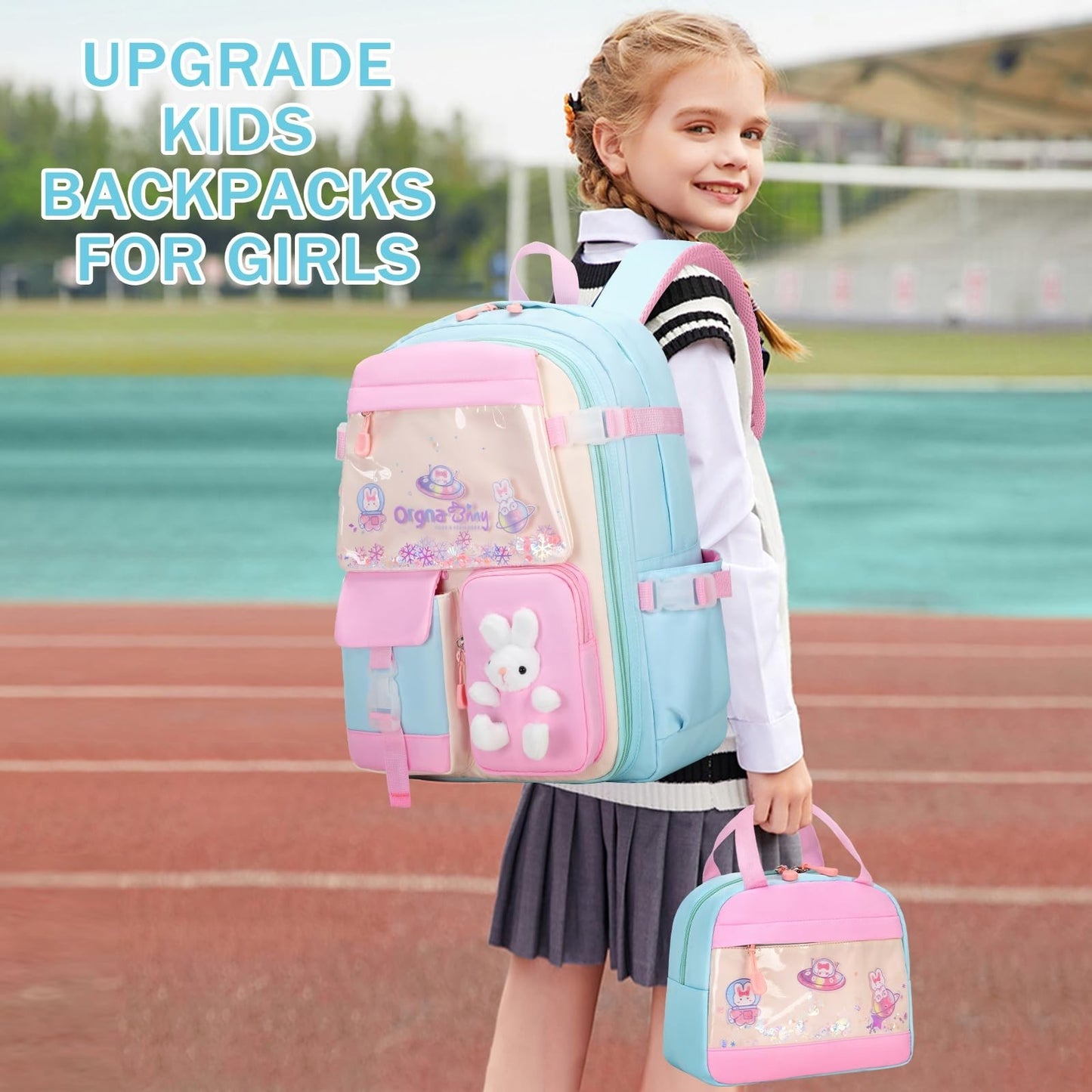 Kawaii Bunny Girls Backpack Set   3PC School Bag, Lunch Box & Pencil Case   Aqua4