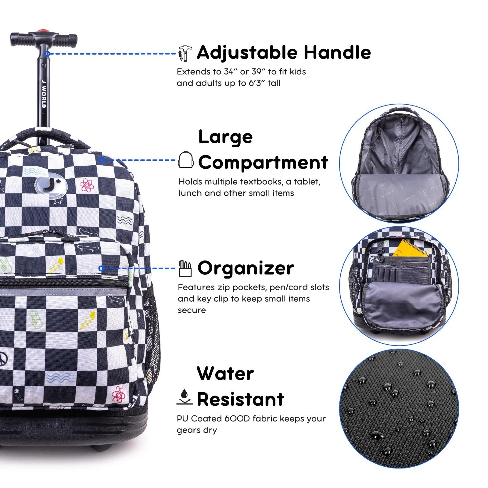 Kids Rolling Backpack with Wheels, School Roller Bookbag for Girls & Boys, 18"x15