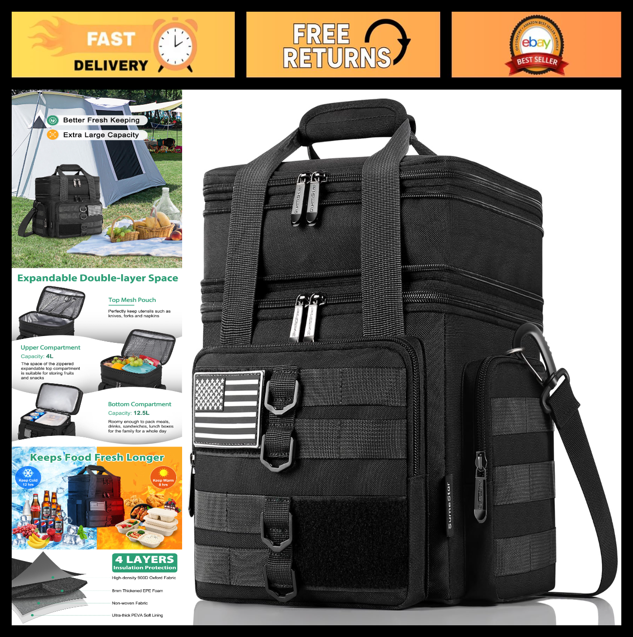 Tactical Insulated Lunch Bag - Large Heavy Duty Cooler, Leakproof & Expandable f0