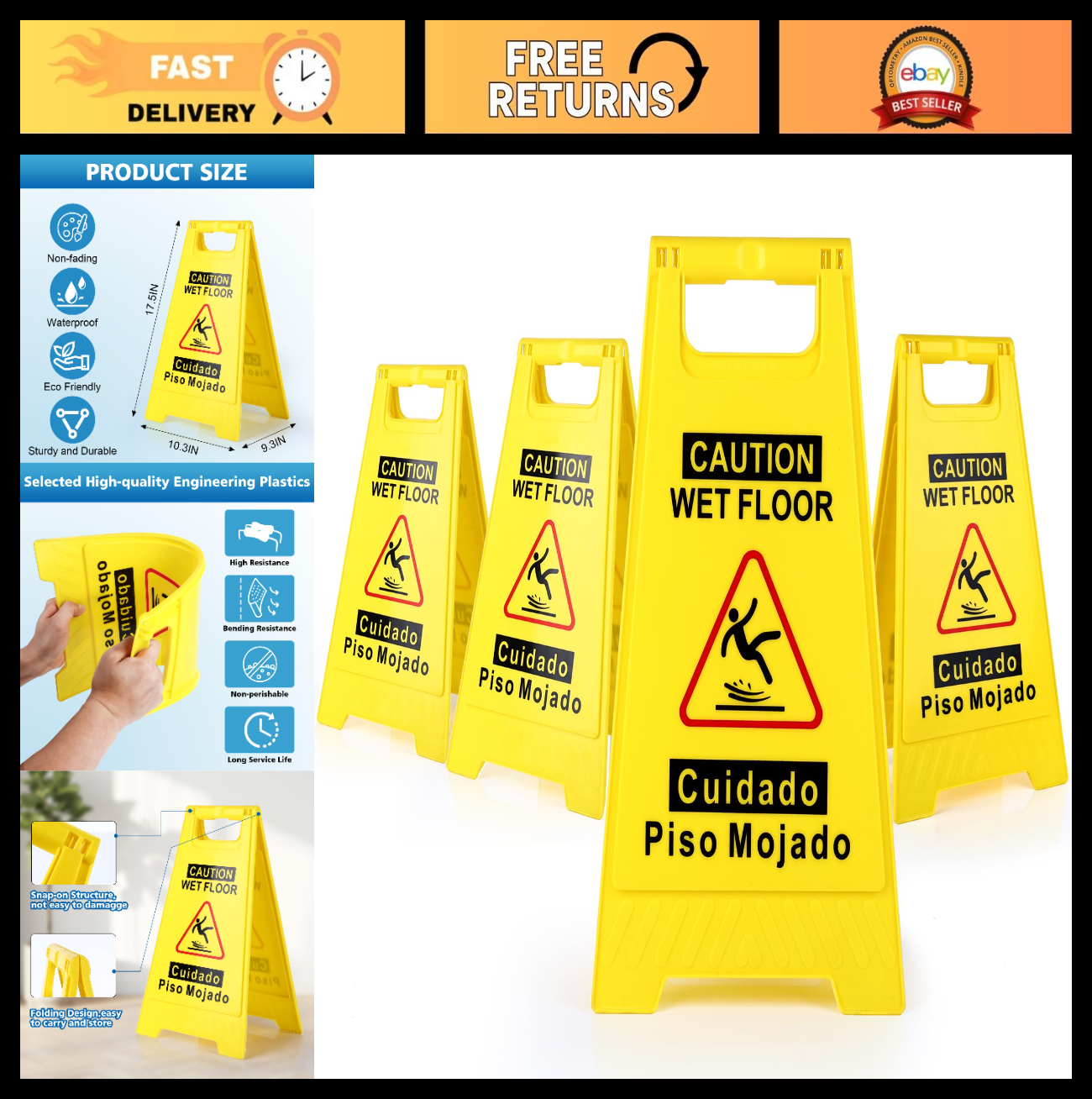 4 Pack Wet Floor Signs   17.5" Double Sided A Frame, Bright Yellow, Bilingual Sa0