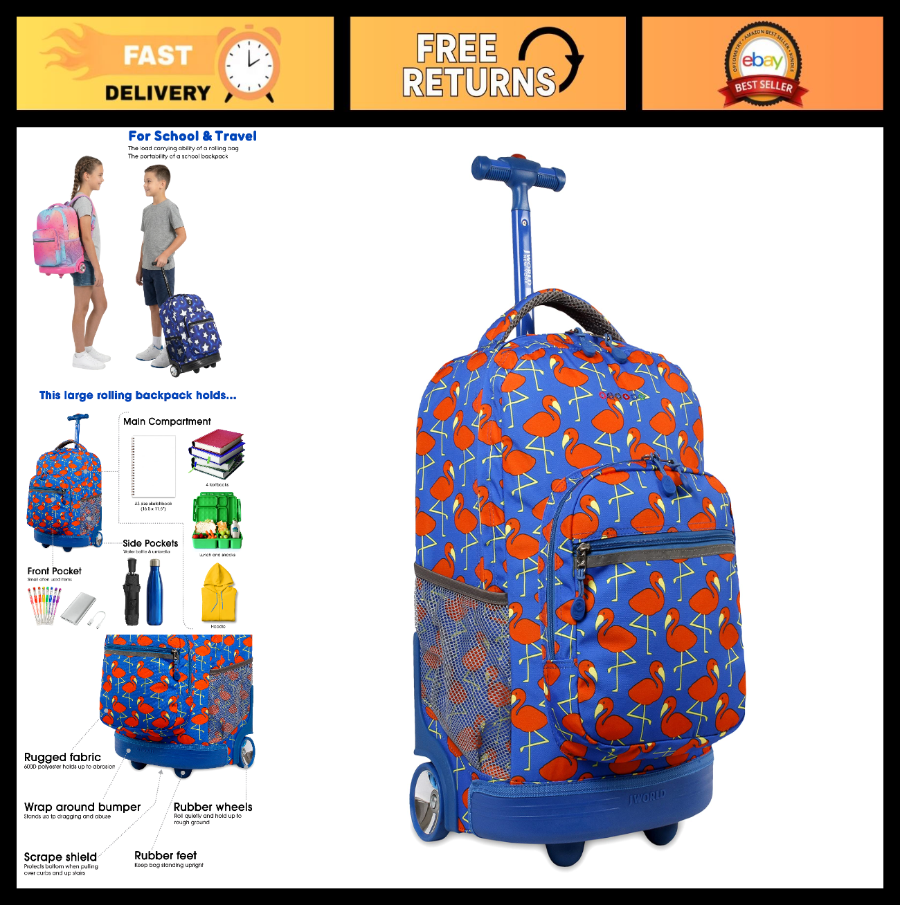 Kids Rolling Backpack with Wheels, 18" Bookbag for School, Flamingo Design, Unis0