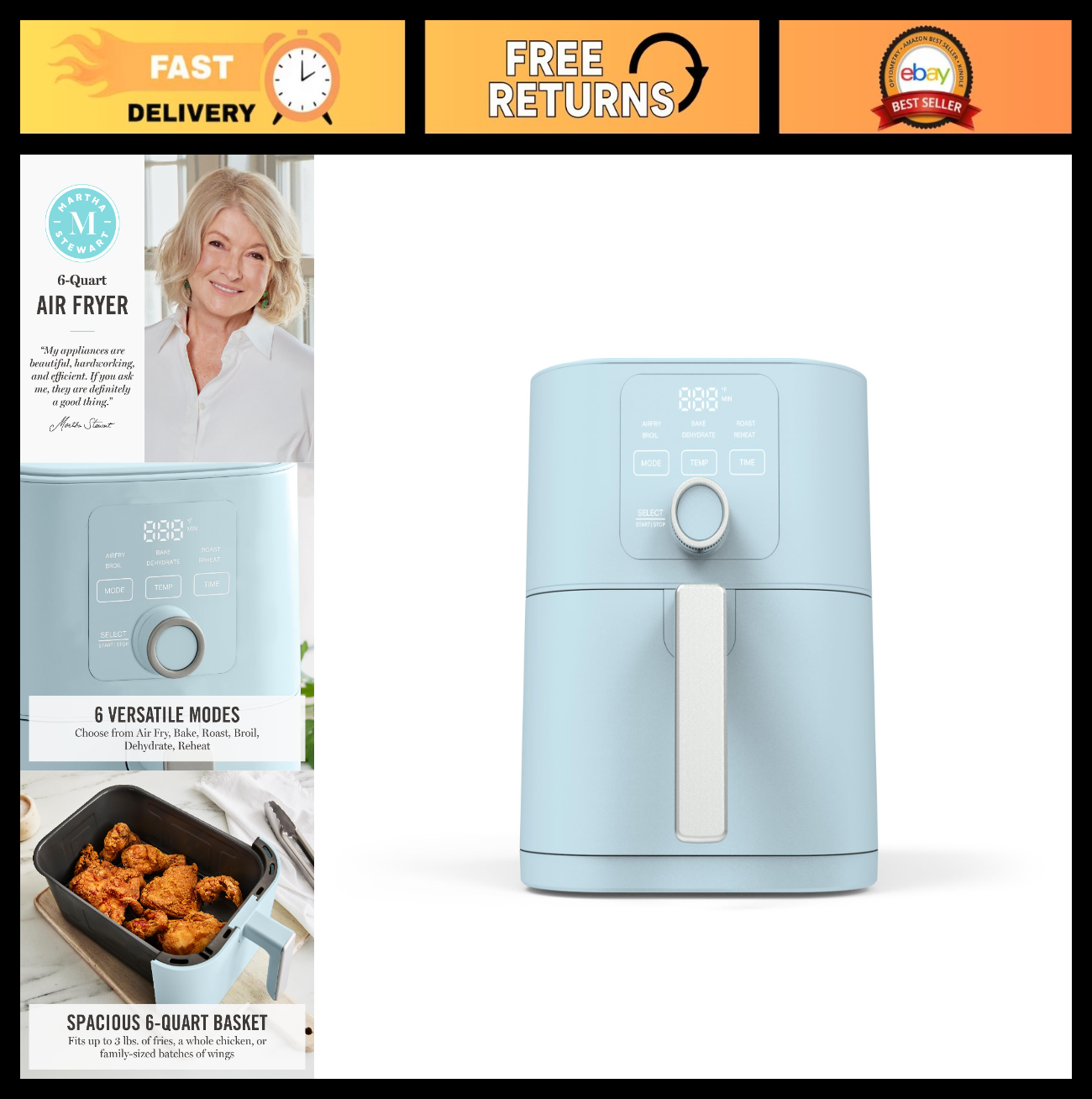 6QT Air Fryer, 6-in-1 Multi-Cooker, Bake, Broil, Roast, Dehydrate, Non-Stick Bas0