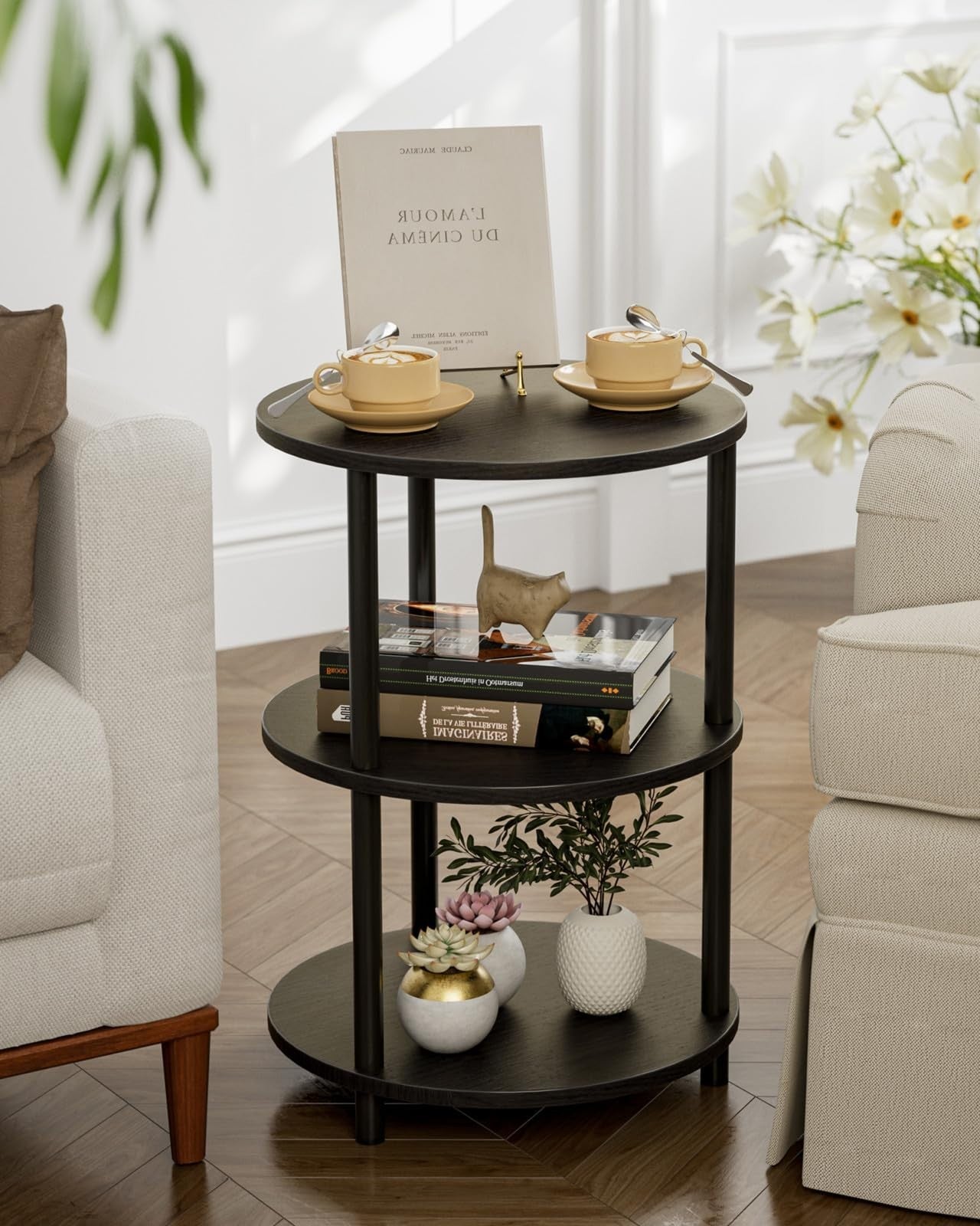 Round Coffee Table - Industrial Vintage Nightstand for Living Room, Bedroom & Sm4