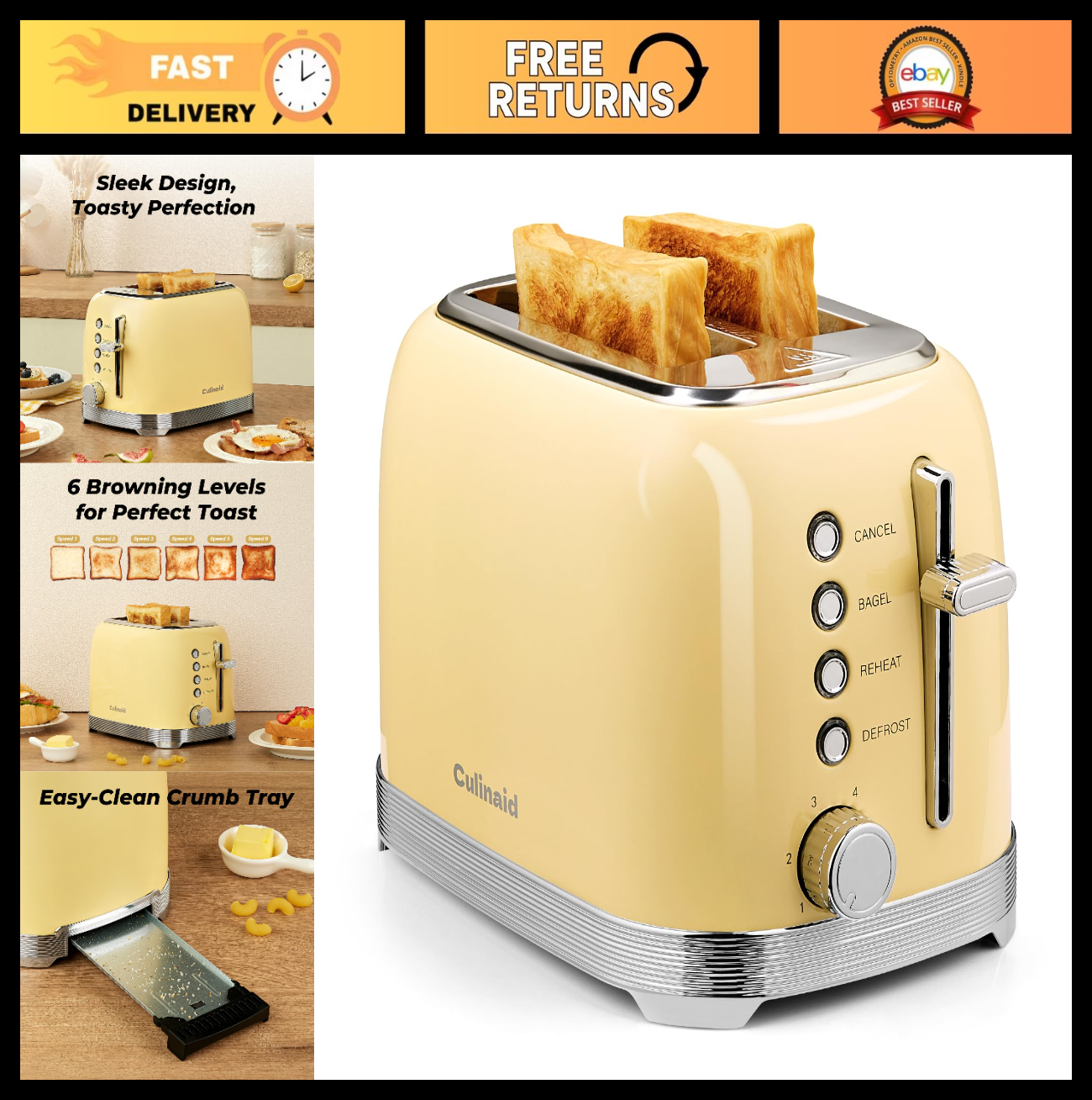 Retro 2 Slice Stainless Steel Toaster   Stylish Yellow Design, Fast Toasting0