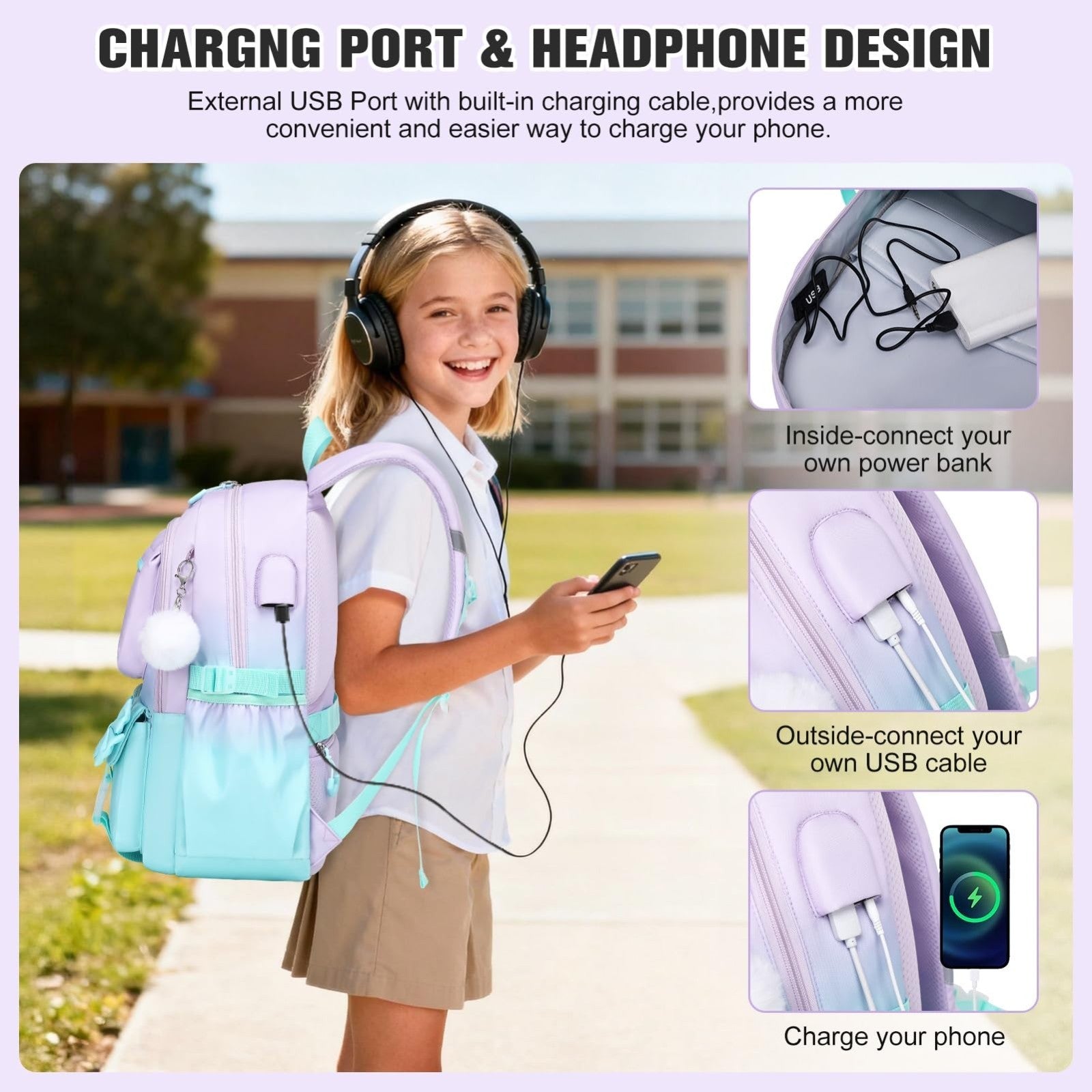 Cute Bow Backpack for Girls   School Bag with Lunch Bag & Pencil Case, Stylish &3