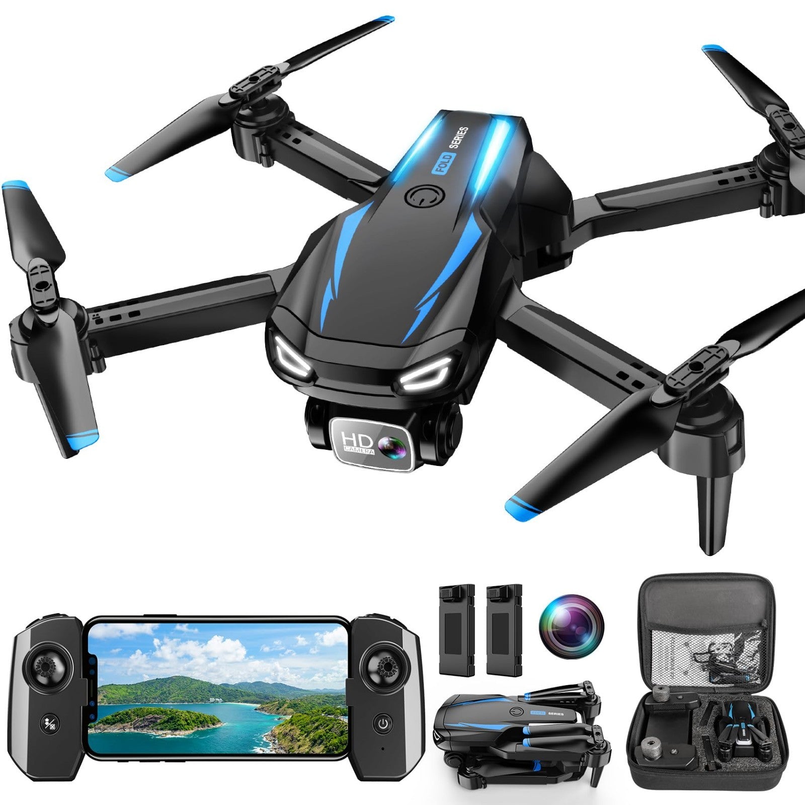 Foldable Drone with 1080P Camera, Mini Quadcopter for Beginners, 2 Batteries, Ea1