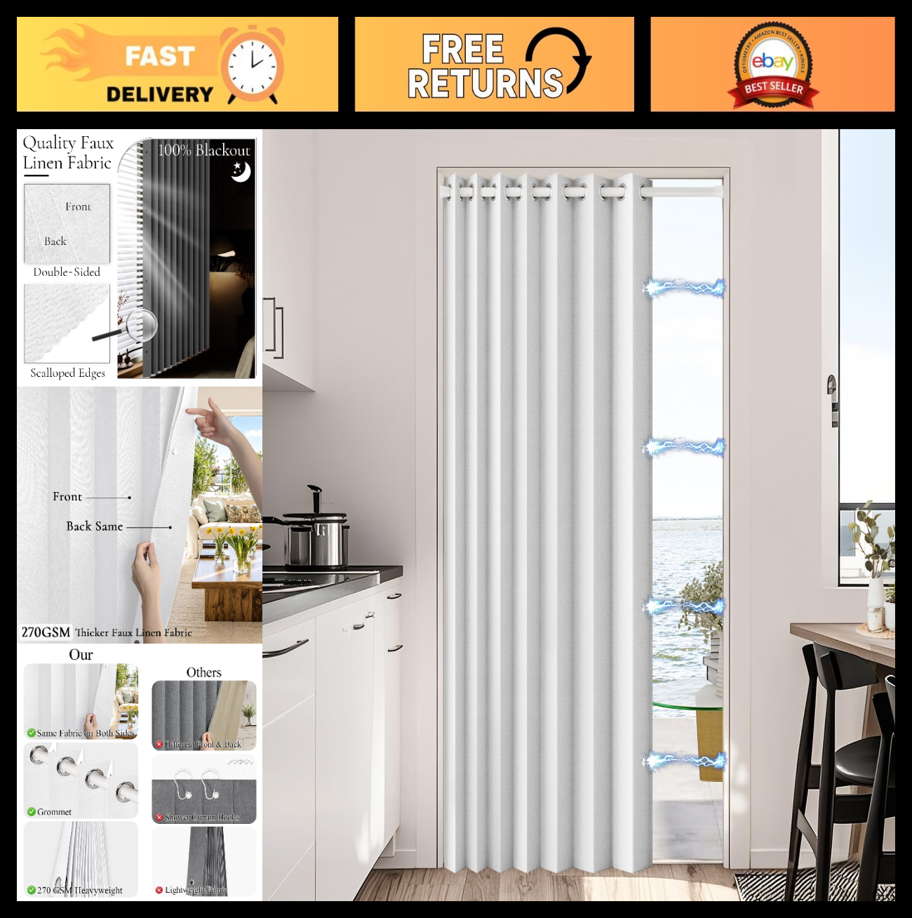 100% Blackout Magnetic Door Curtain   Accordion Folding Panel, W52 x L72, Greyis0
