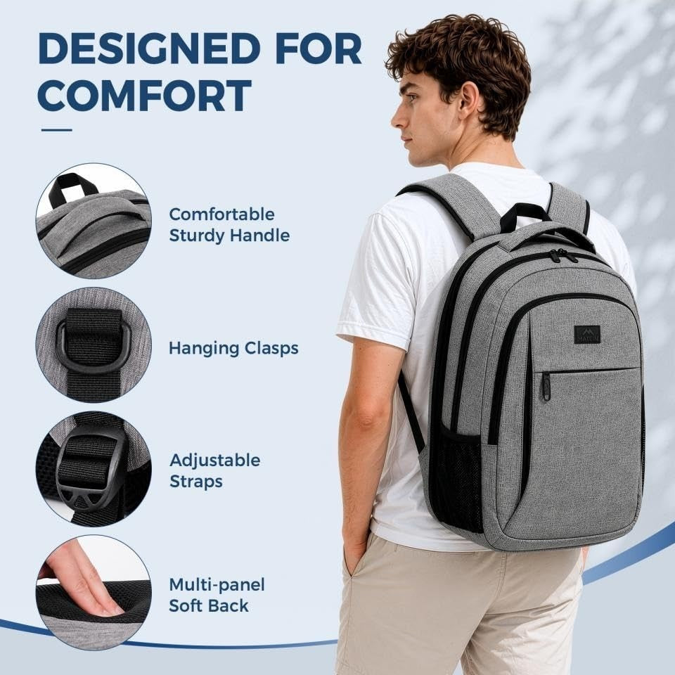 Spacious 15.6" Travel Laptop Backpack   College School Computer Bag, Grey5