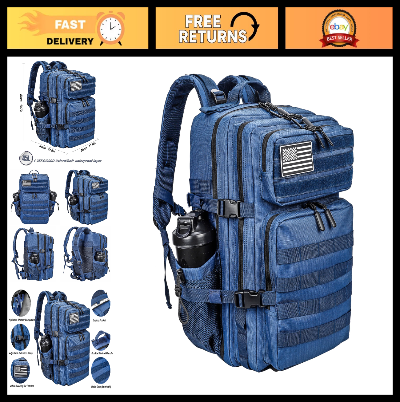 Tactical 45L Military Backpack for Men & Women   3 Day Assault Rucksack, Molle S0