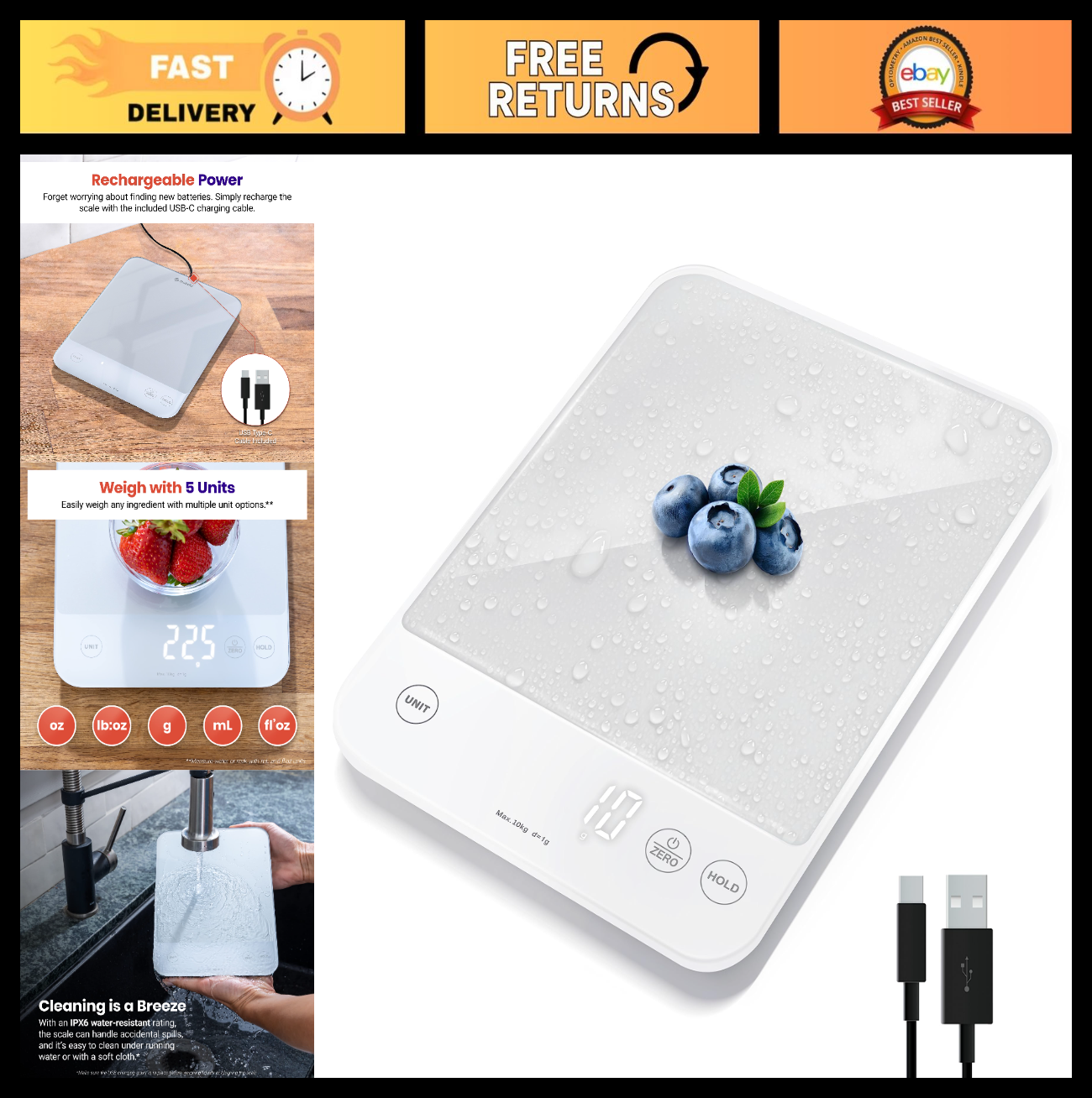 22lb Digital Kitchen Scale   USB Rechargeable, Waterproof, 1g Precision, Tare, G0