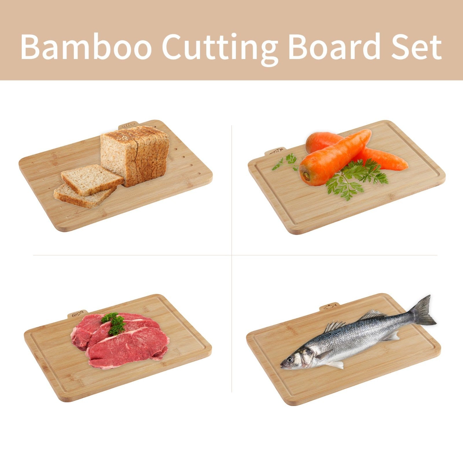 Set of 4 Bamboo Cutting Boards with Holder - Juice Groove, Food Icons, Ideal for4
