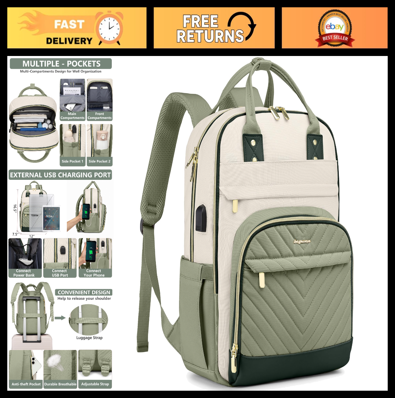 Stylish 15.6" Laptop Backpack for Women & Teens   USB Charger, Waterproof, Casua0