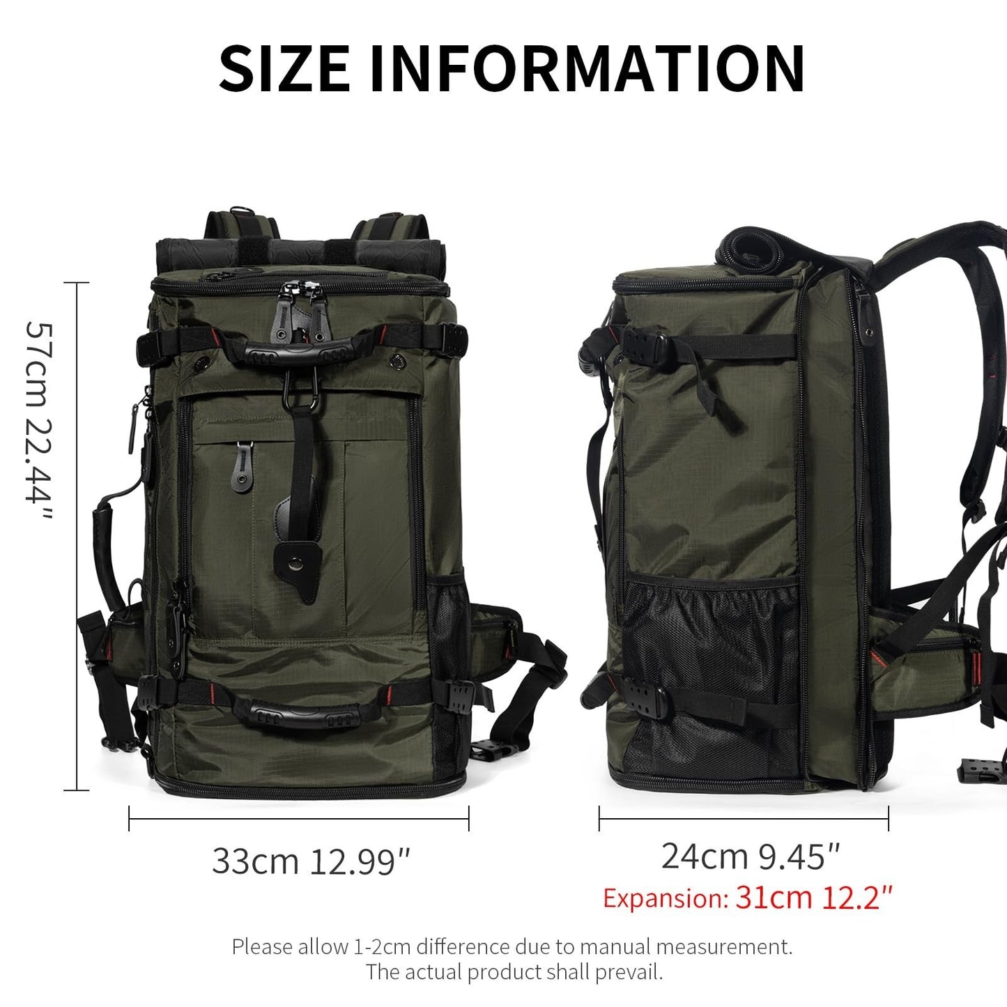 Large Capacity Travel Hiking Sports Backpack Duffle Bag 60L Convertible Olive Gr5