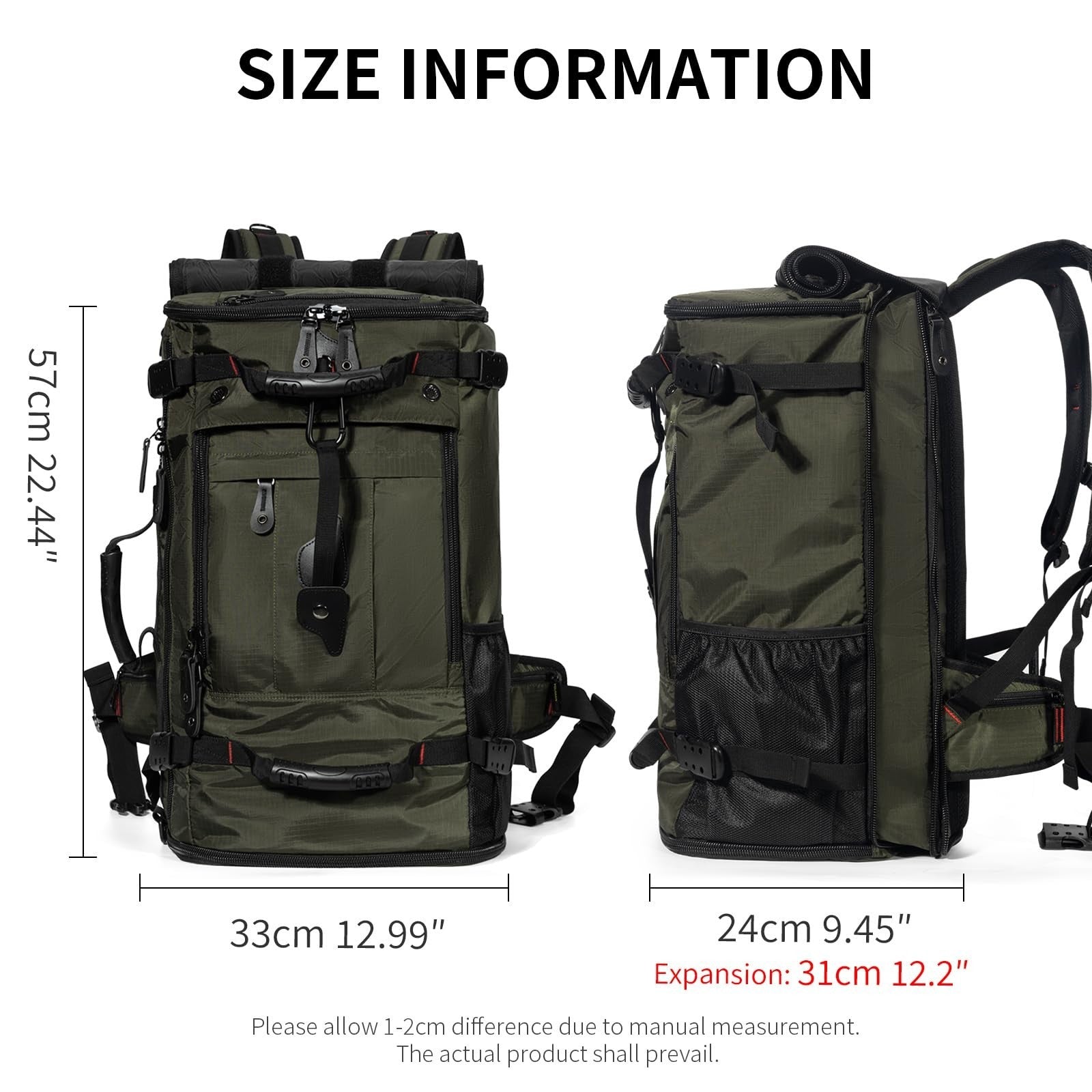 Large Capacity Travel Hiking Sports Backpack Duffle Bag 60L Convertible Olive Gr5