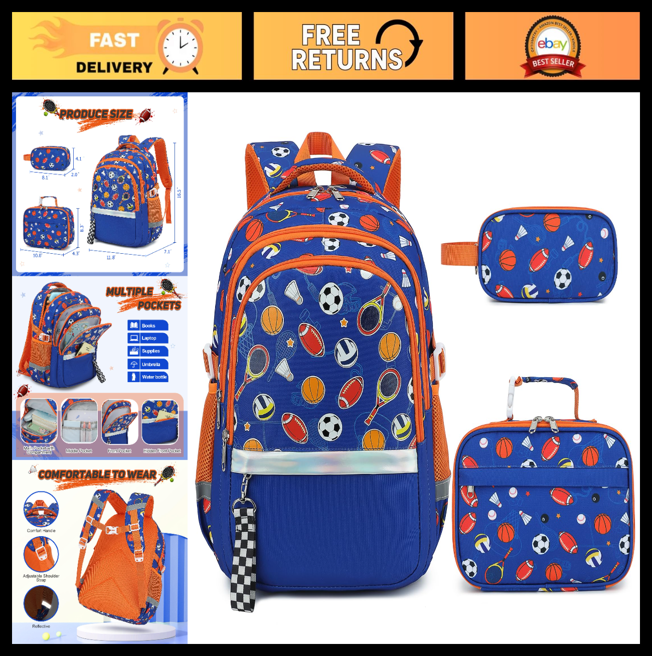 Luminous Boys Backpack Set   3PCS with Lunch Box & Pencil Case, School Gear0