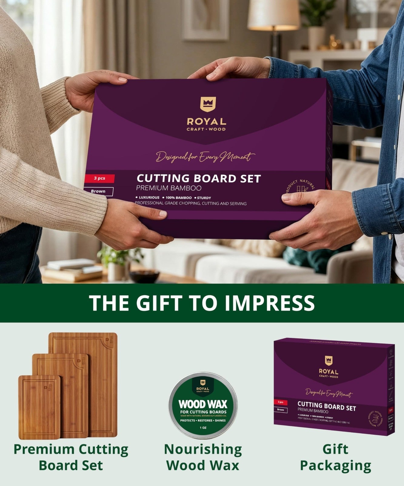 Wooden Cutting Boards Set   Bamboo Kitchen Prep & Serving Board with Juice Groov3