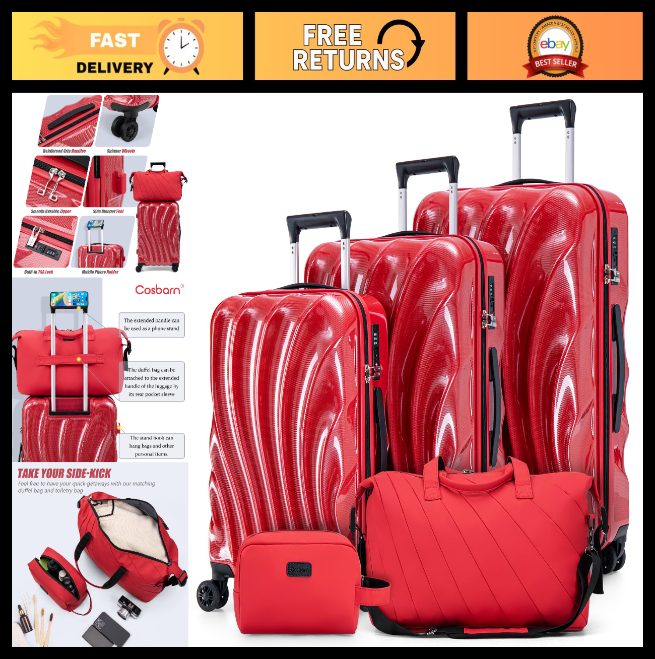 5-Piece Hardshell Luggage Set with Wheels, TSA Lock, Phone Holder, Durable Trave0