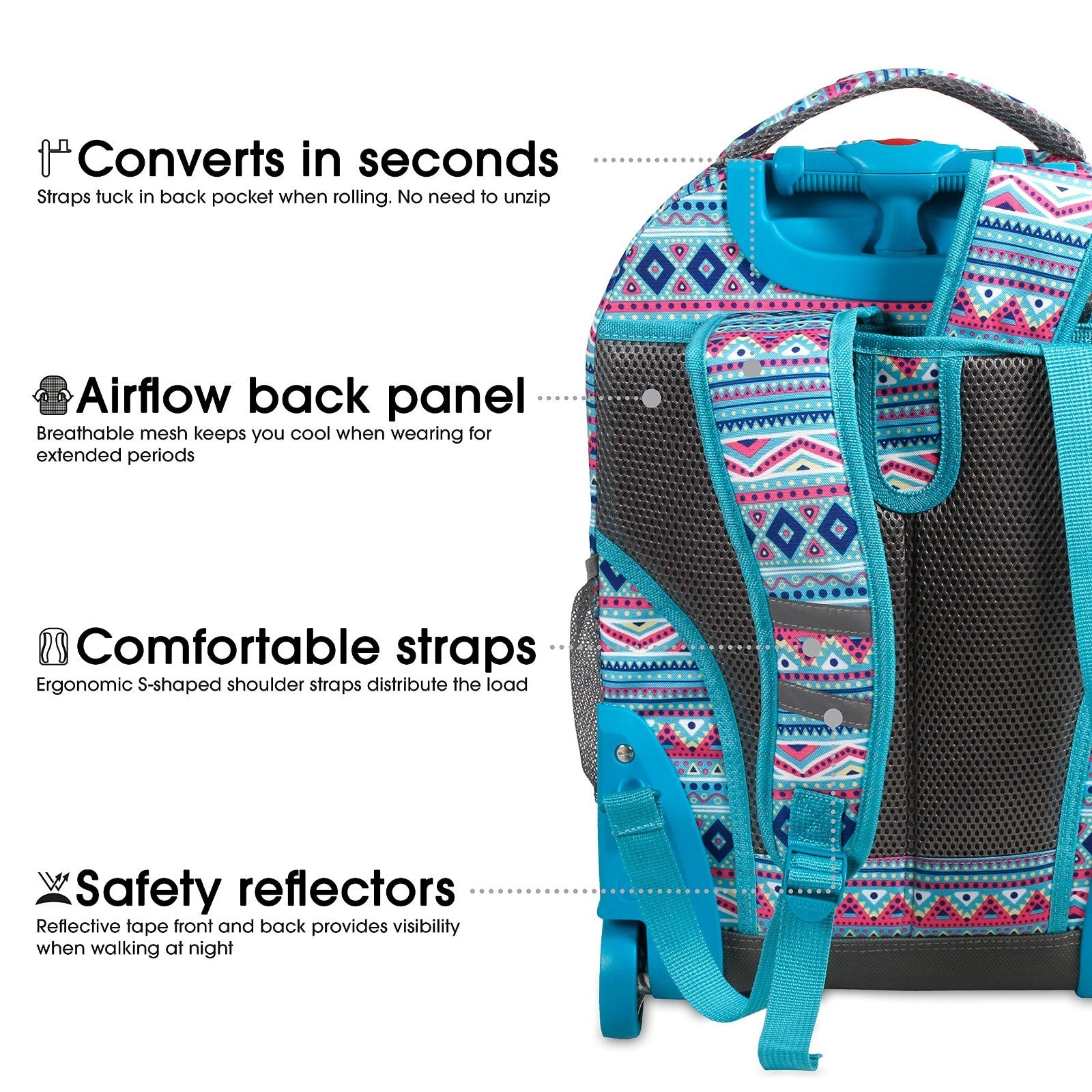Rolling Backpack with Wheels, Mint Tribal Design, Lightweight & Durable Travel B5