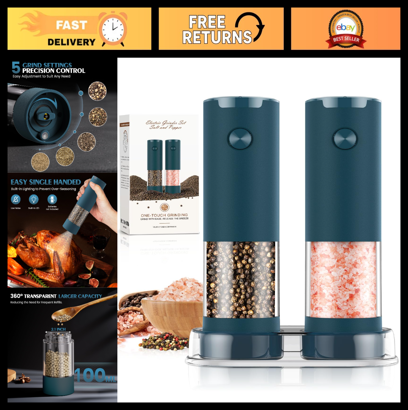Automatic Electric Salt and Pepper Grinder Set   Adjustable Coarseness, LED, Lar0