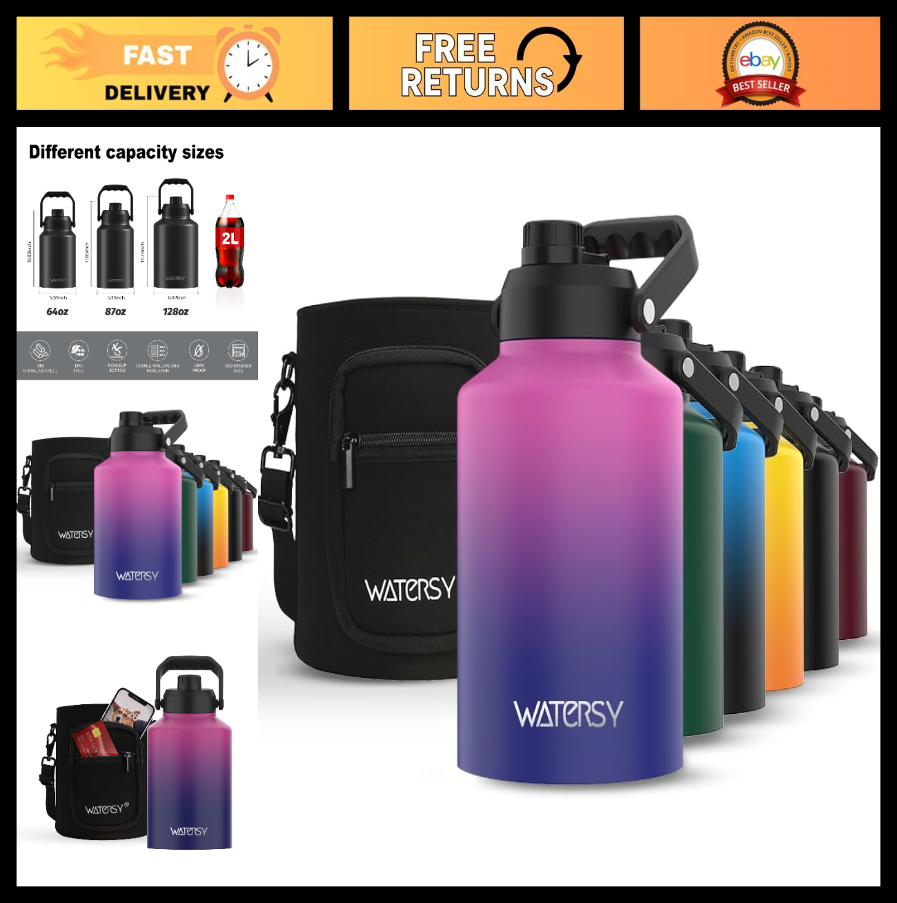 Insulated 1 Gallon Water Bottle - 128oz Stainless Steel, BPA Free, Leak Proof, C0