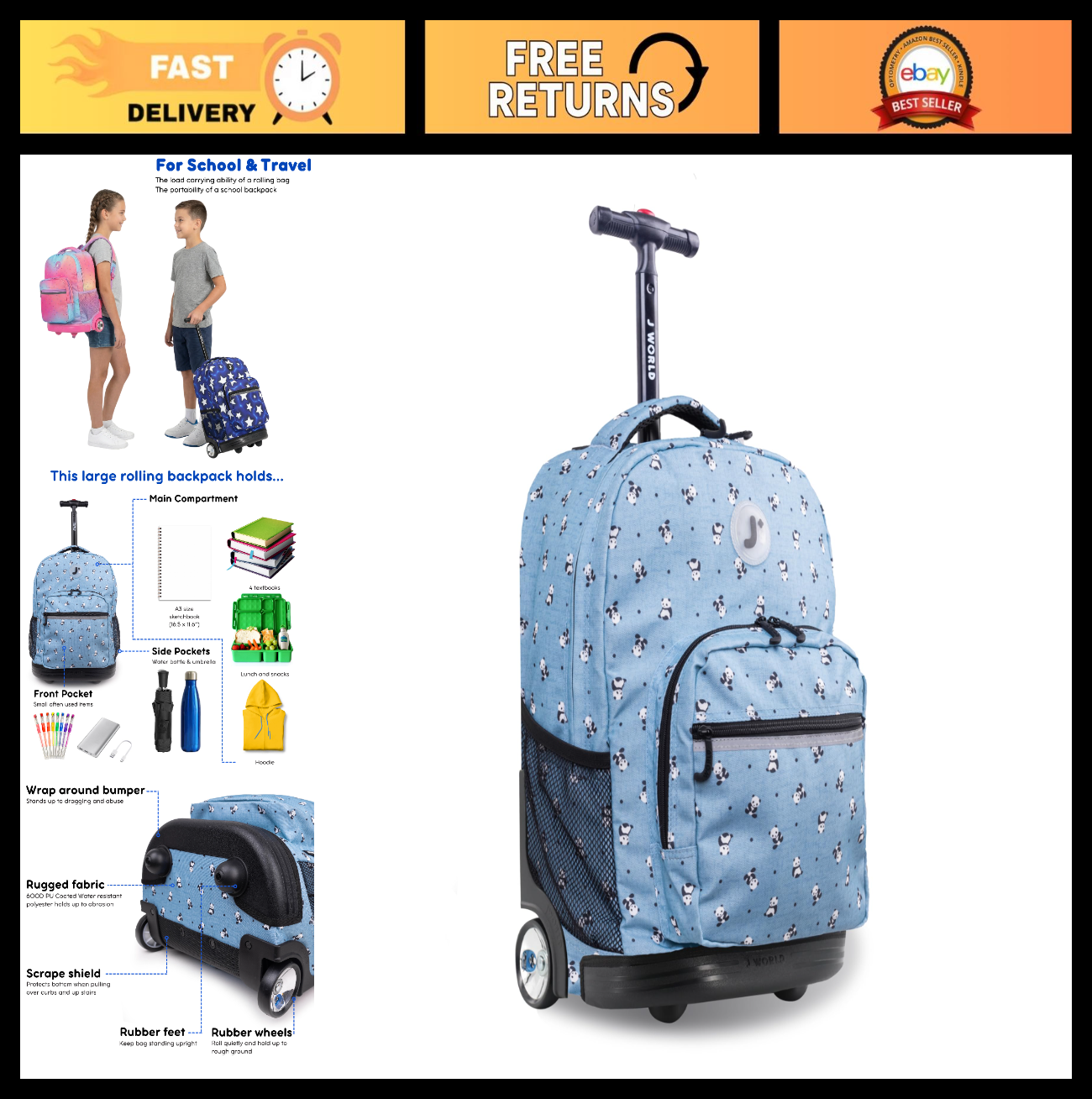 Kids Rolling Backpack with Wheels, Panda Design, School Bookbag for Boys & Girls0