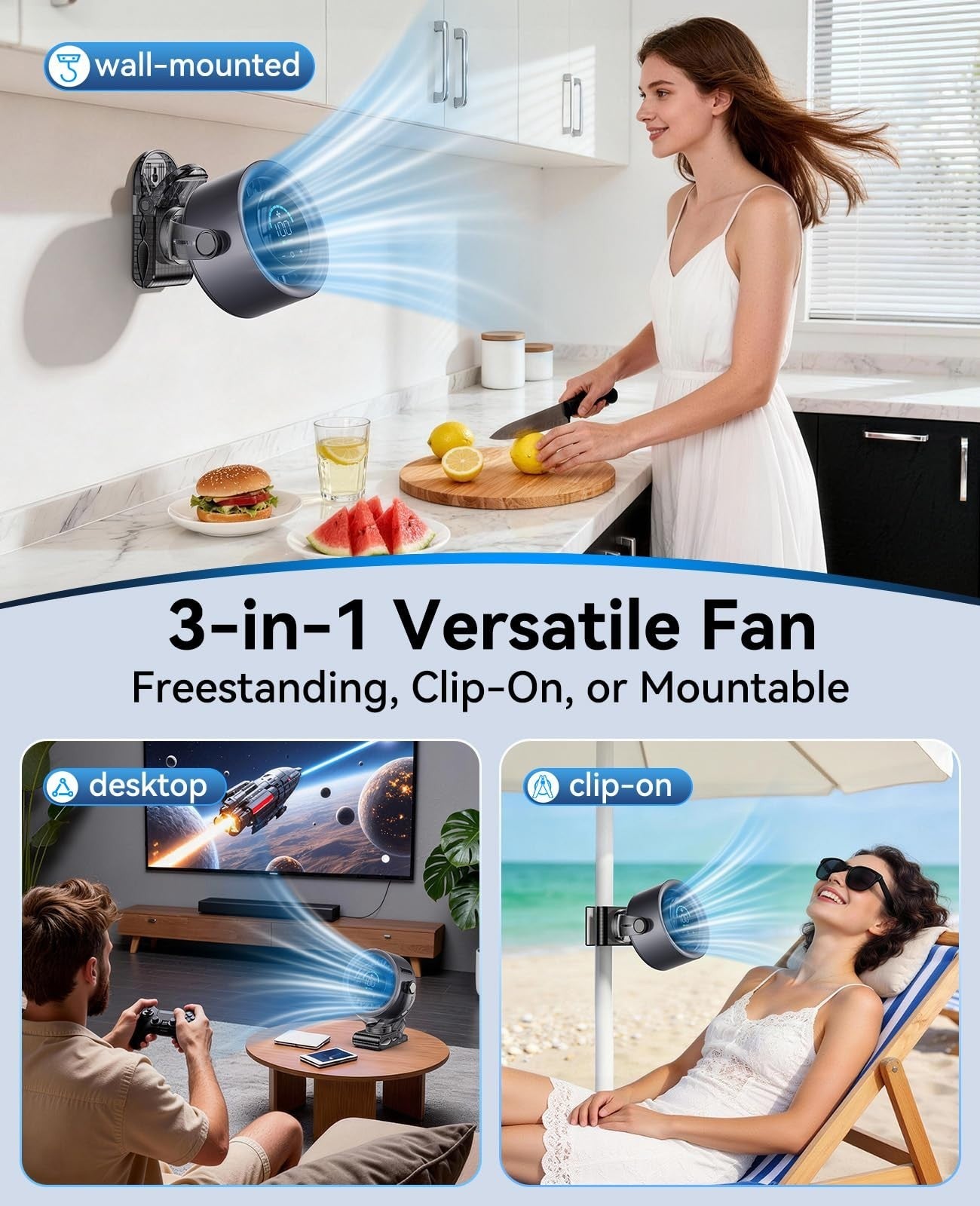 4000mAh Portable Clip On Fan, 100 Speed Touch Control, LED Display, 360° Rotate,1