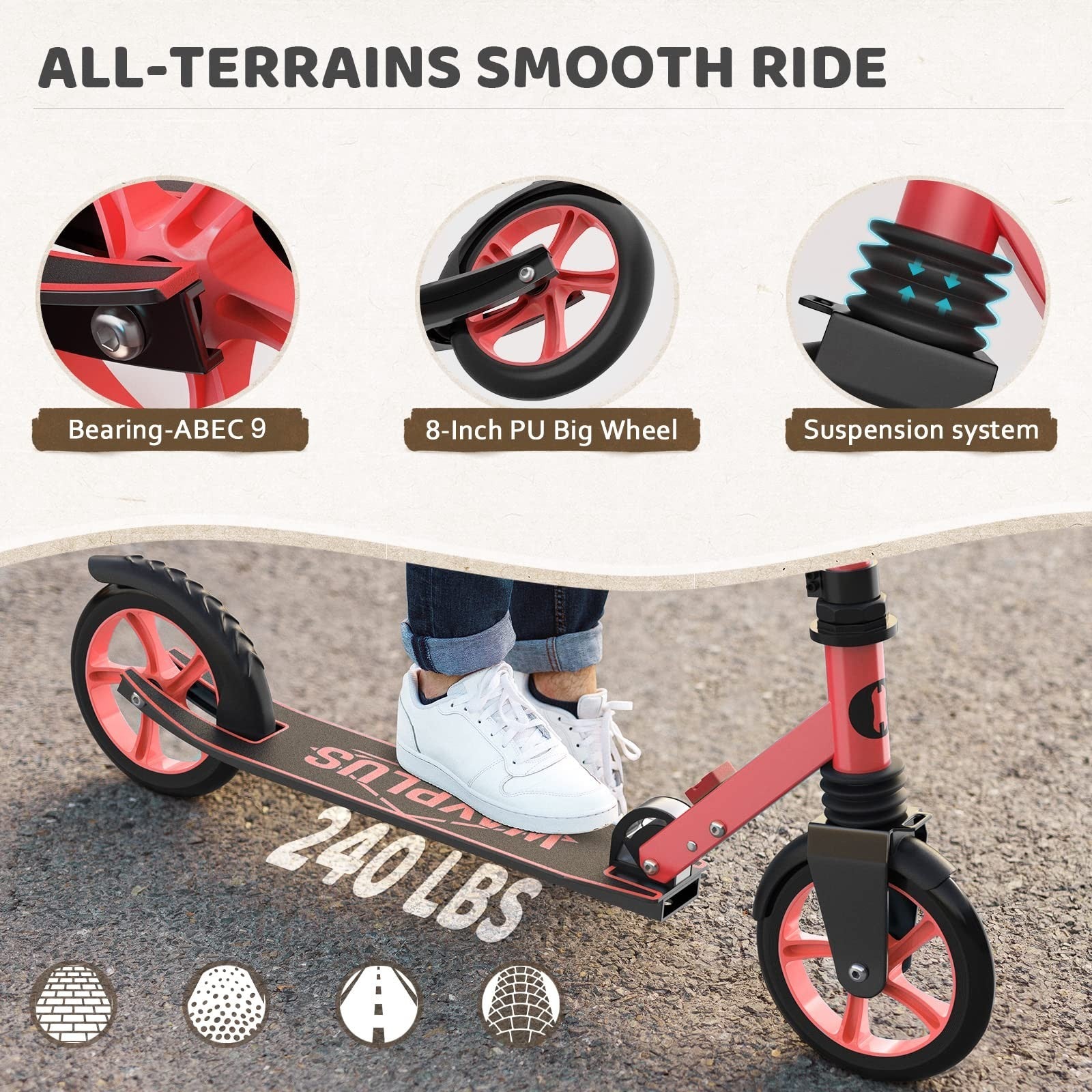 Kick Scooter for Kids, Teens & Adults - 8" Big Wheels, 240lb Capacity, Ages 6+3