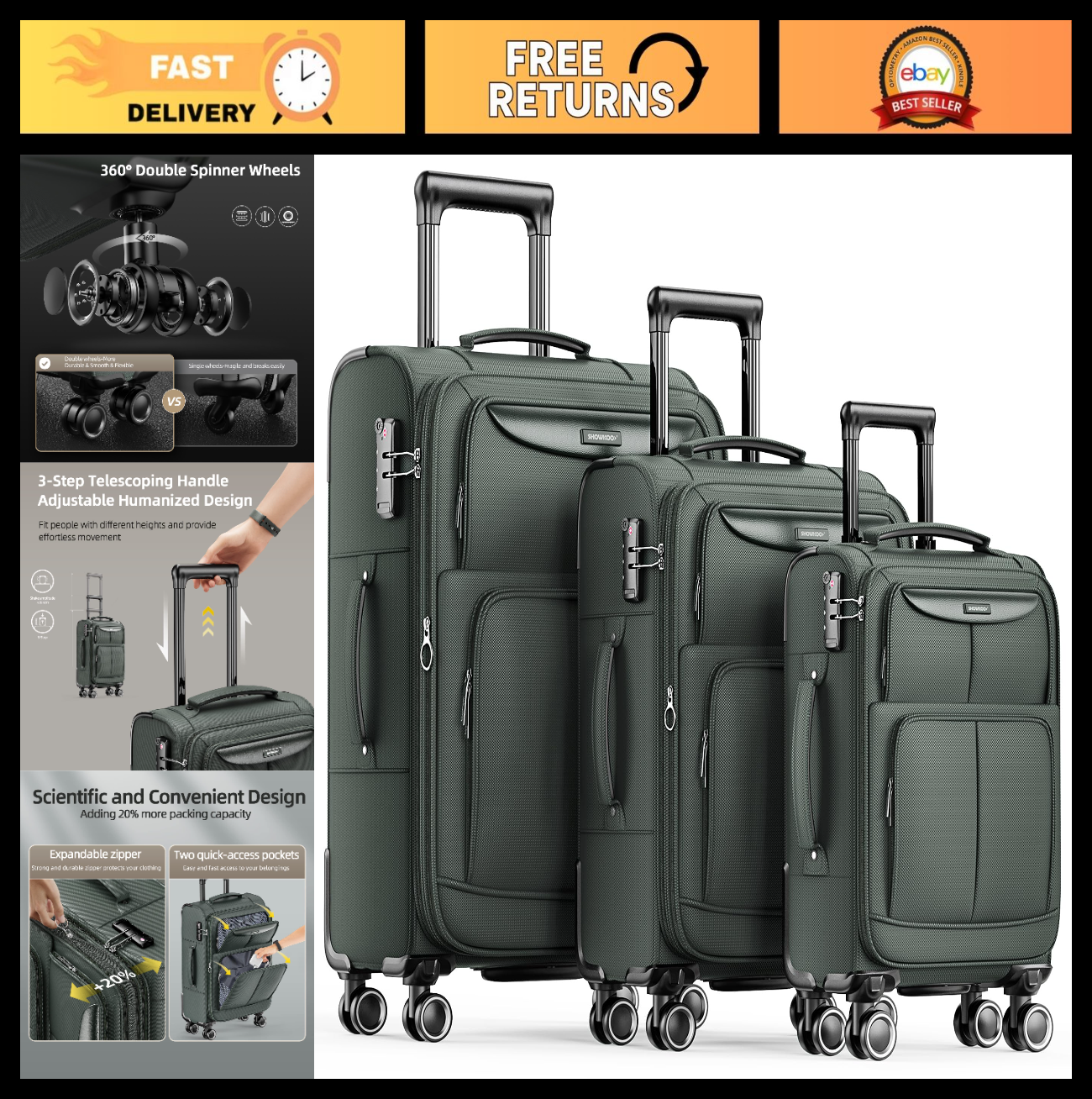 3 Piece Softside Luggage Set - Expandable, Lightweight, 360° Spinner Wheels, TSA0