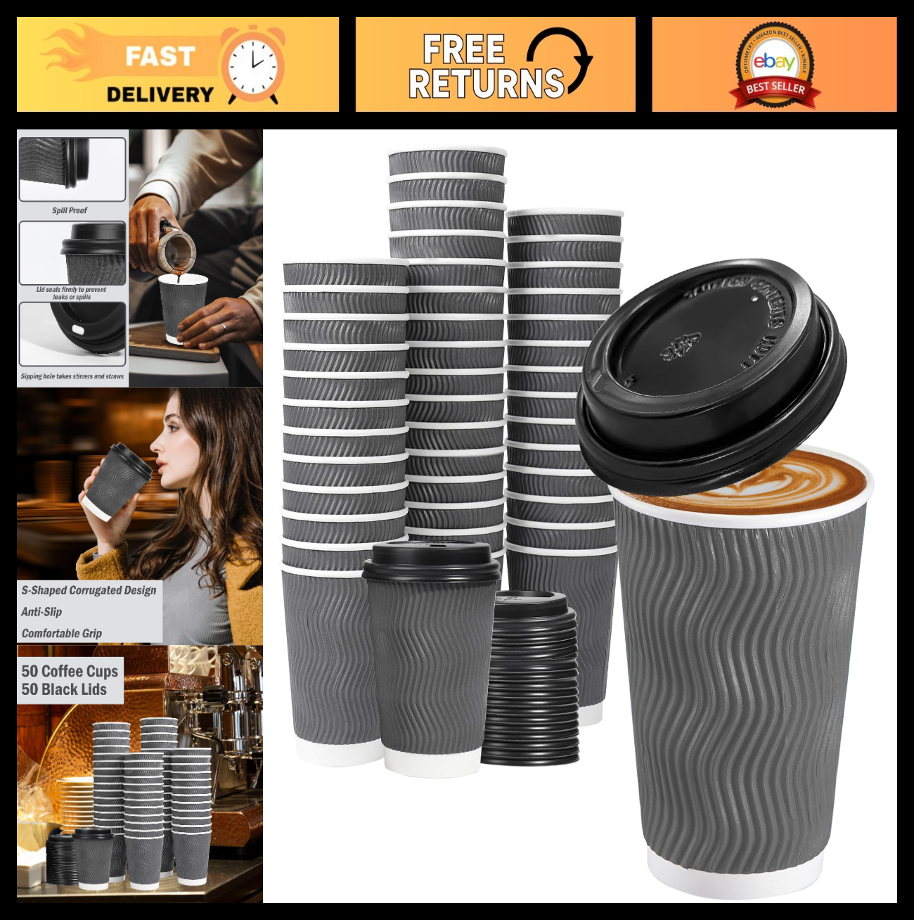 50 Pack 12 oz Insulated Disposable Coffee Cups with Lids for Hot Drinks, Travel0