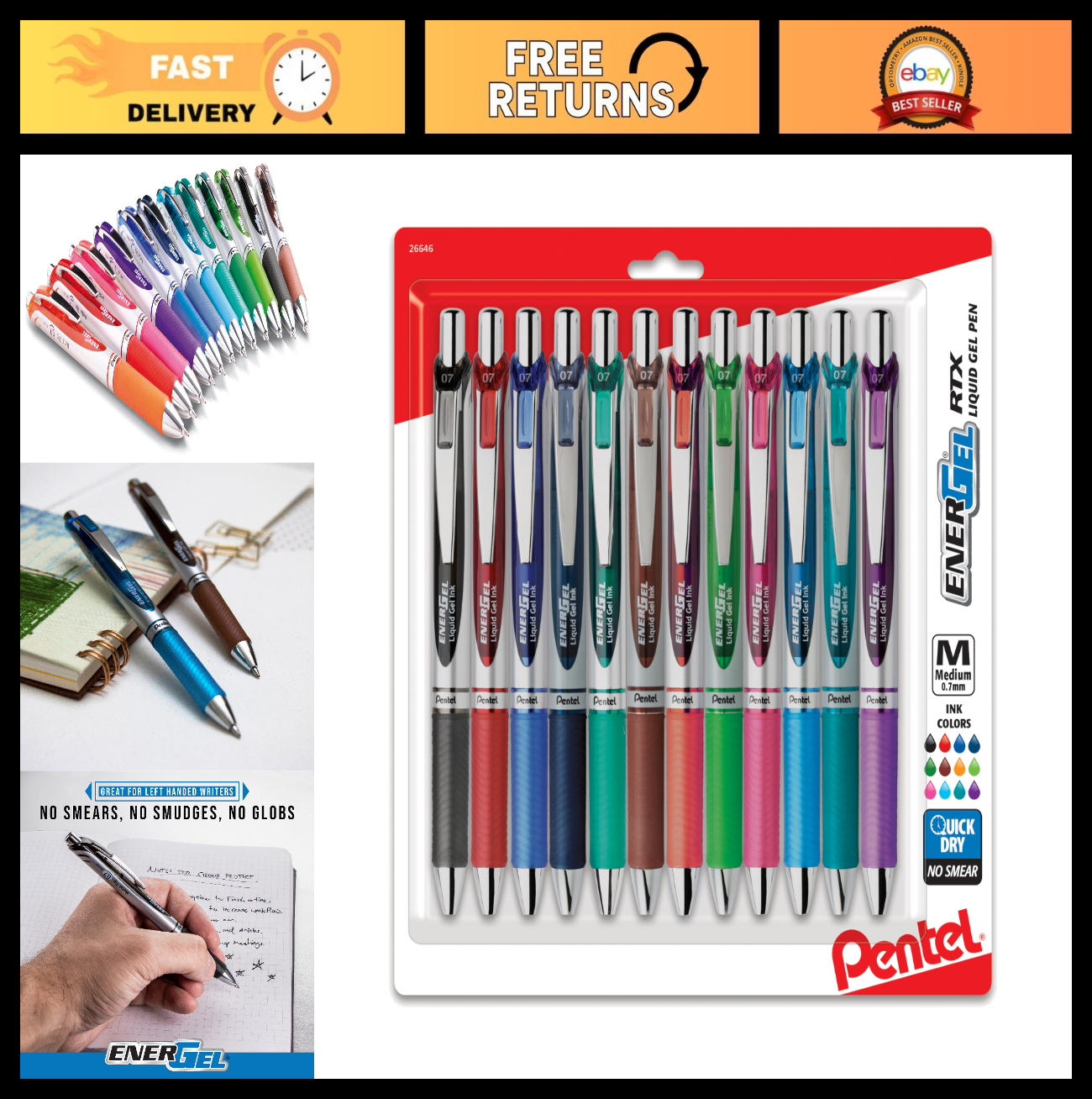 Retractable Liquid Gel Pens 0.7mm, Assorted Colors, Ultimate Writing Set, 12 Pac0