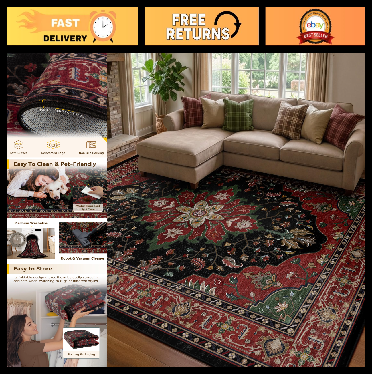 Washable 8'x10' Area Rug   Non Slip, Water Repellent, Pet Friendly, Vintage Flor0