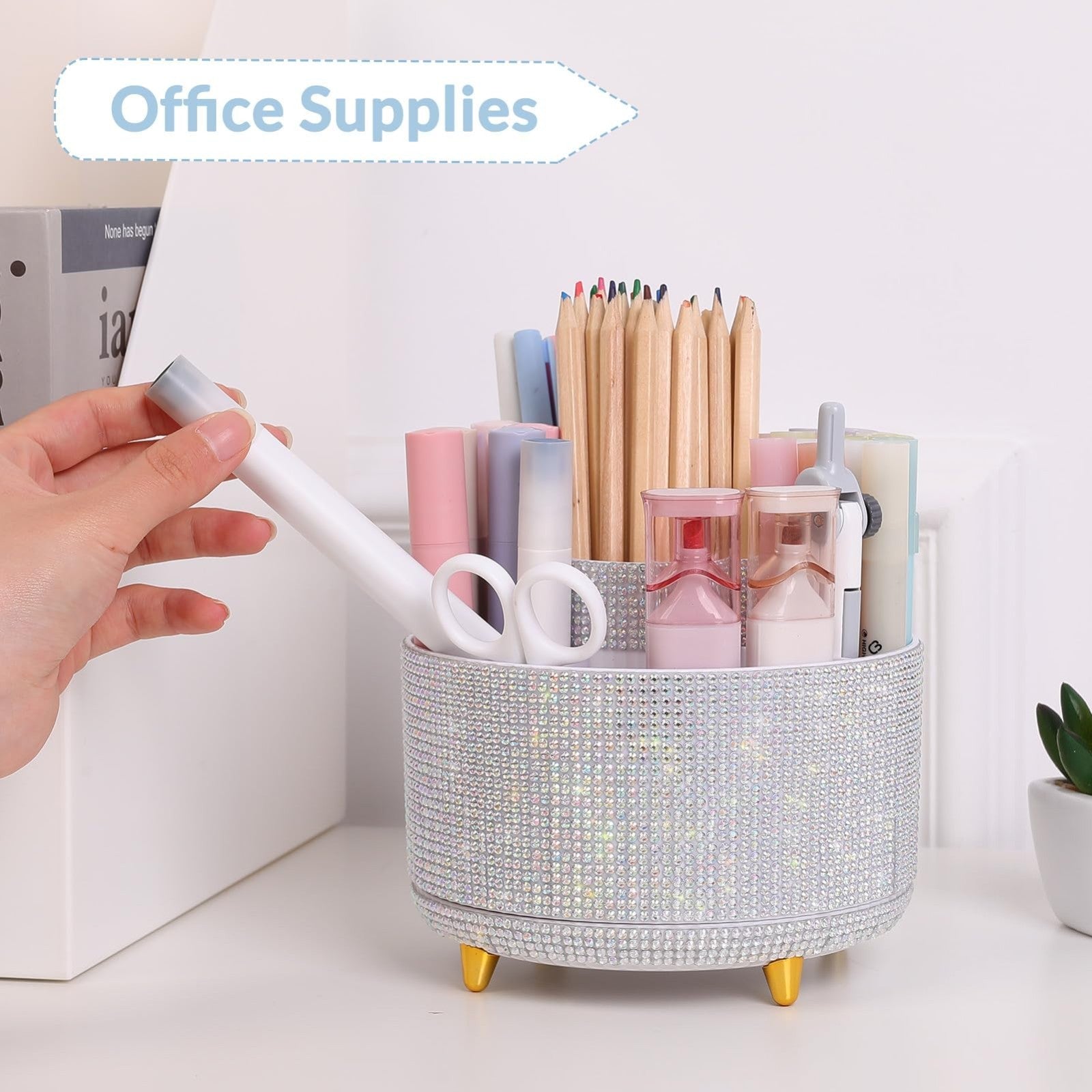 360° Rotating Desk Organizer   Rhinestone Pencil Pen Holder with 5 Slots for Off2