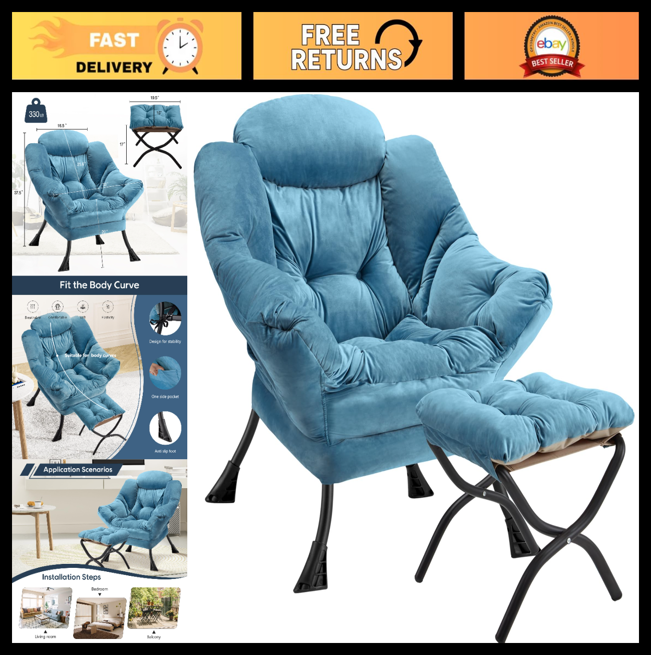 Modern Lazy Chair with Folding Ottoman, Upholstered Accent Sofa for Bedroom & Of0