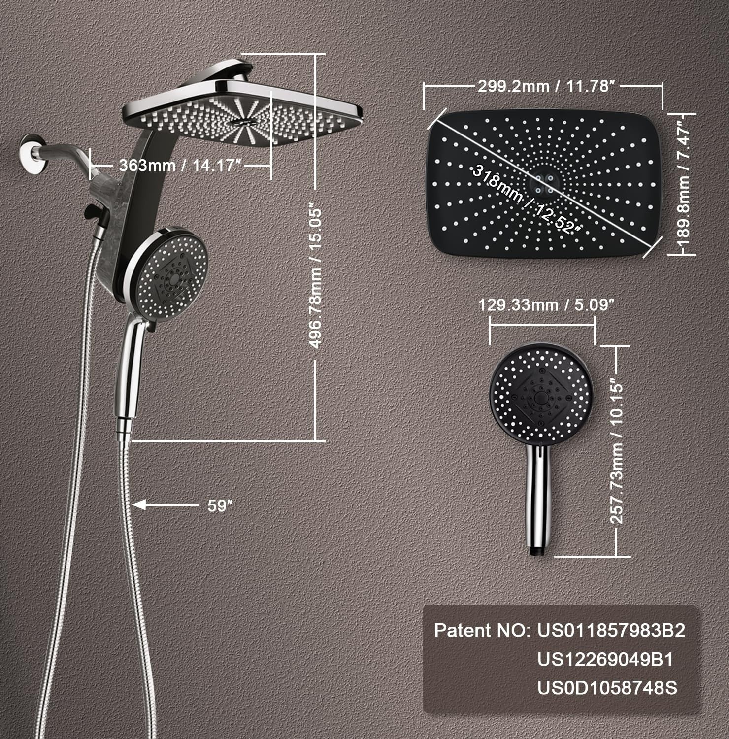 12" High Pressure Rain Shower Head & Handheld Combo, 9 Spray Settings, Chrome2