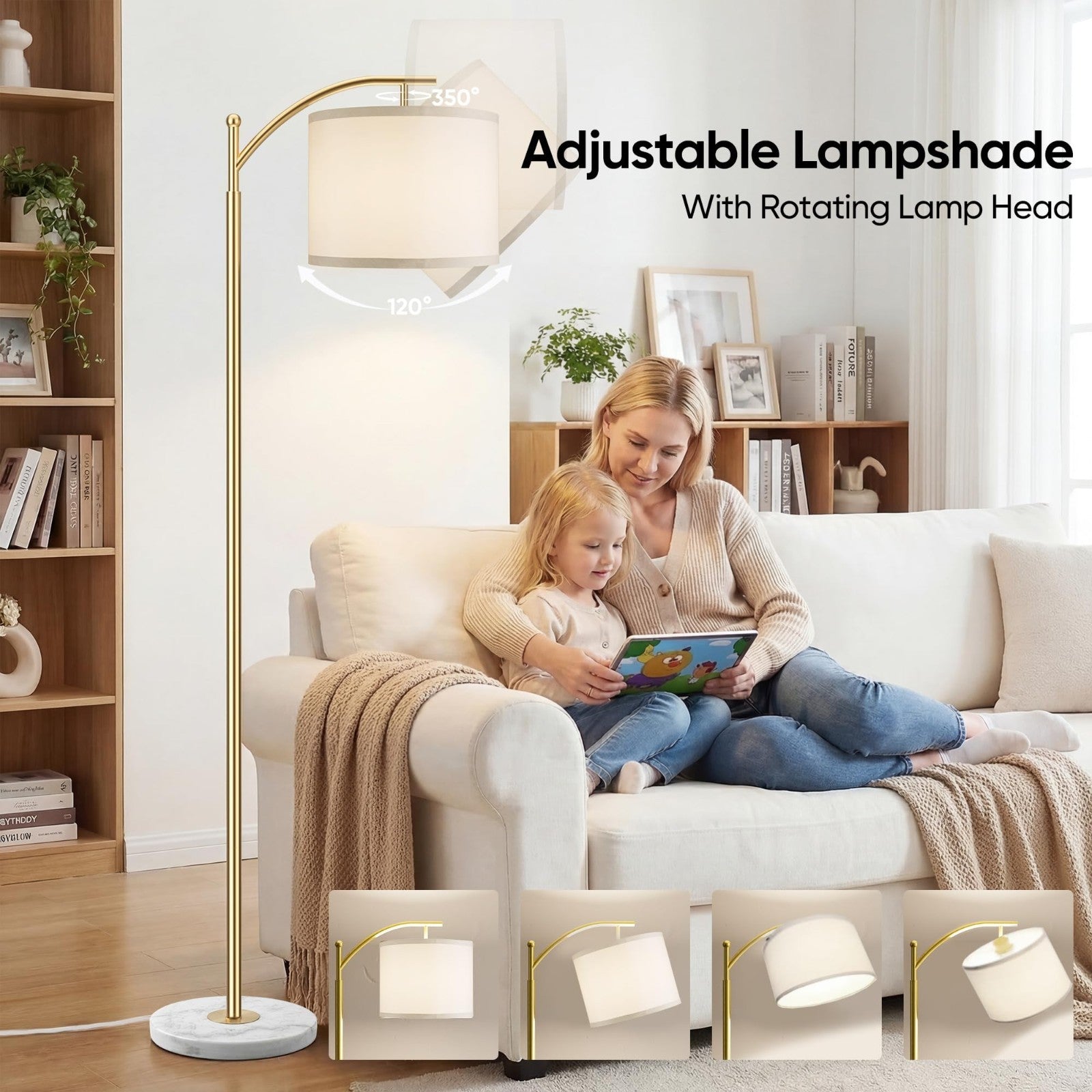 Modern Gold Floor Lamp with Marble Base, Adjustable Linen Shade, 3 Color Tempera3