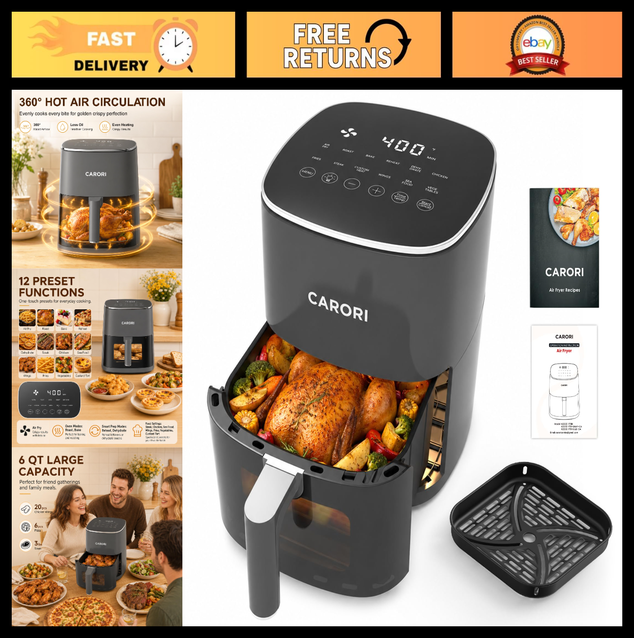 6 Qt Air Fryer with Viewing Window, 12 Cooking Presets, 1700W, Nonstick Basket0